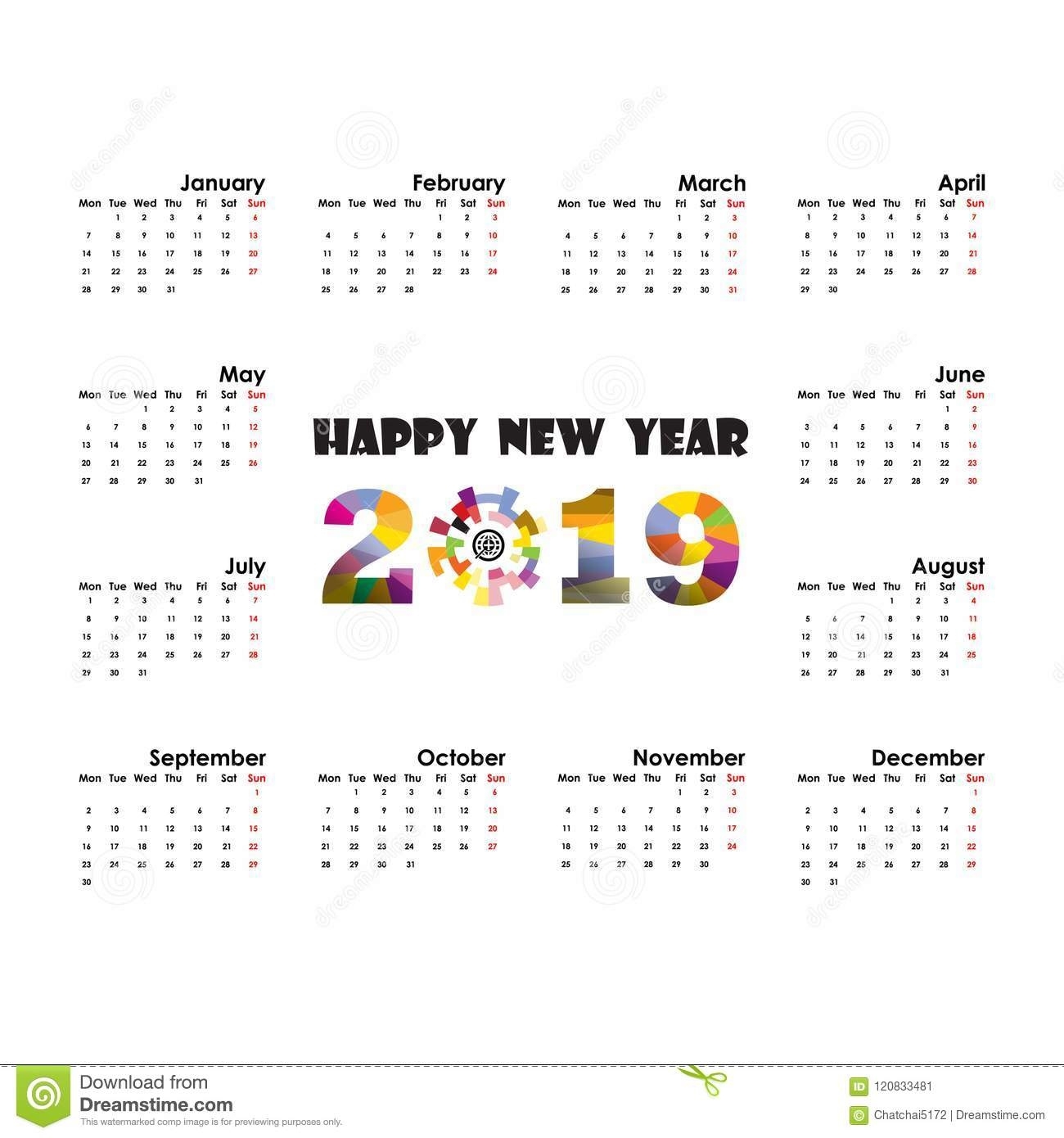 2019 Calendar Template.starts Monday.yearly Calendar Vector Free Yearly Calendar Start On Monday