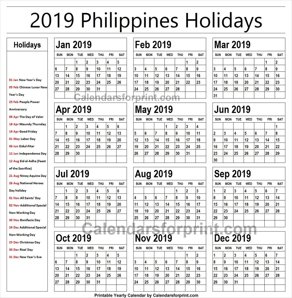 2019 Calendar With Holidays Philippines Printable | National 2020 Calendar Philippines Printable