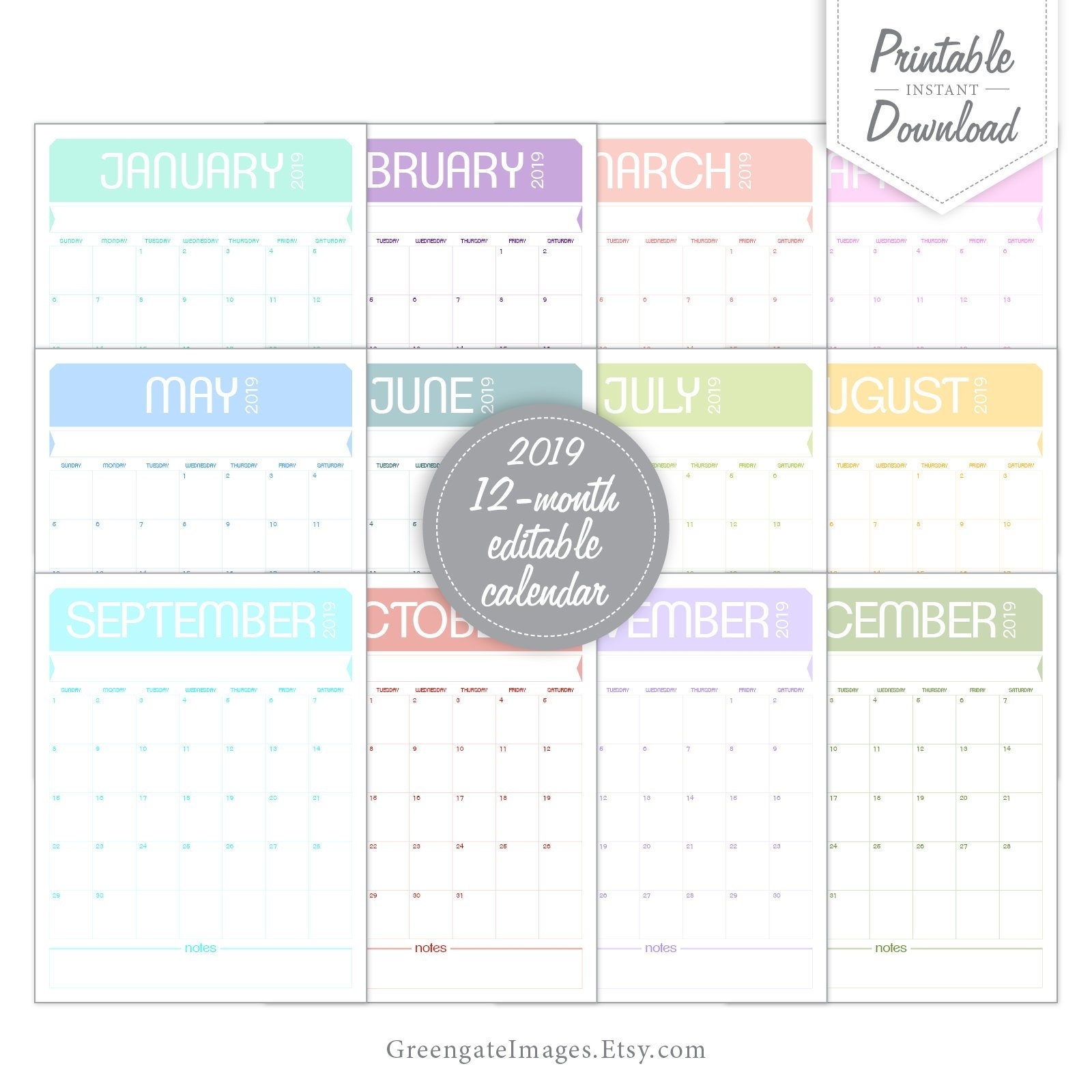 2019 Printable Fillable Calendar - Editable Calendar, 2019 Calendar, 8.5X11  Calendar, Printable Calendar Pages, Calendar Template, Planner 8.5 By 14 Printable Calendars