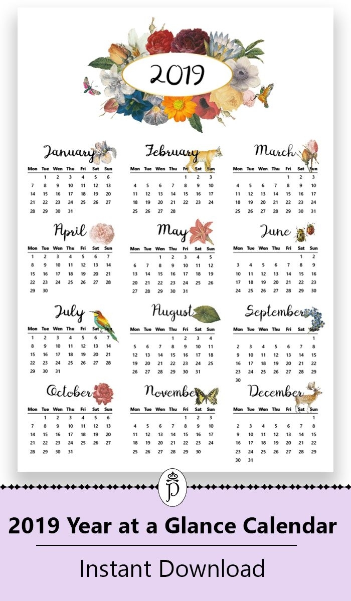 2019 Yearly Printable Wall Calendar, Botanical, Floral 4 Month Calendar At A Glance To Print