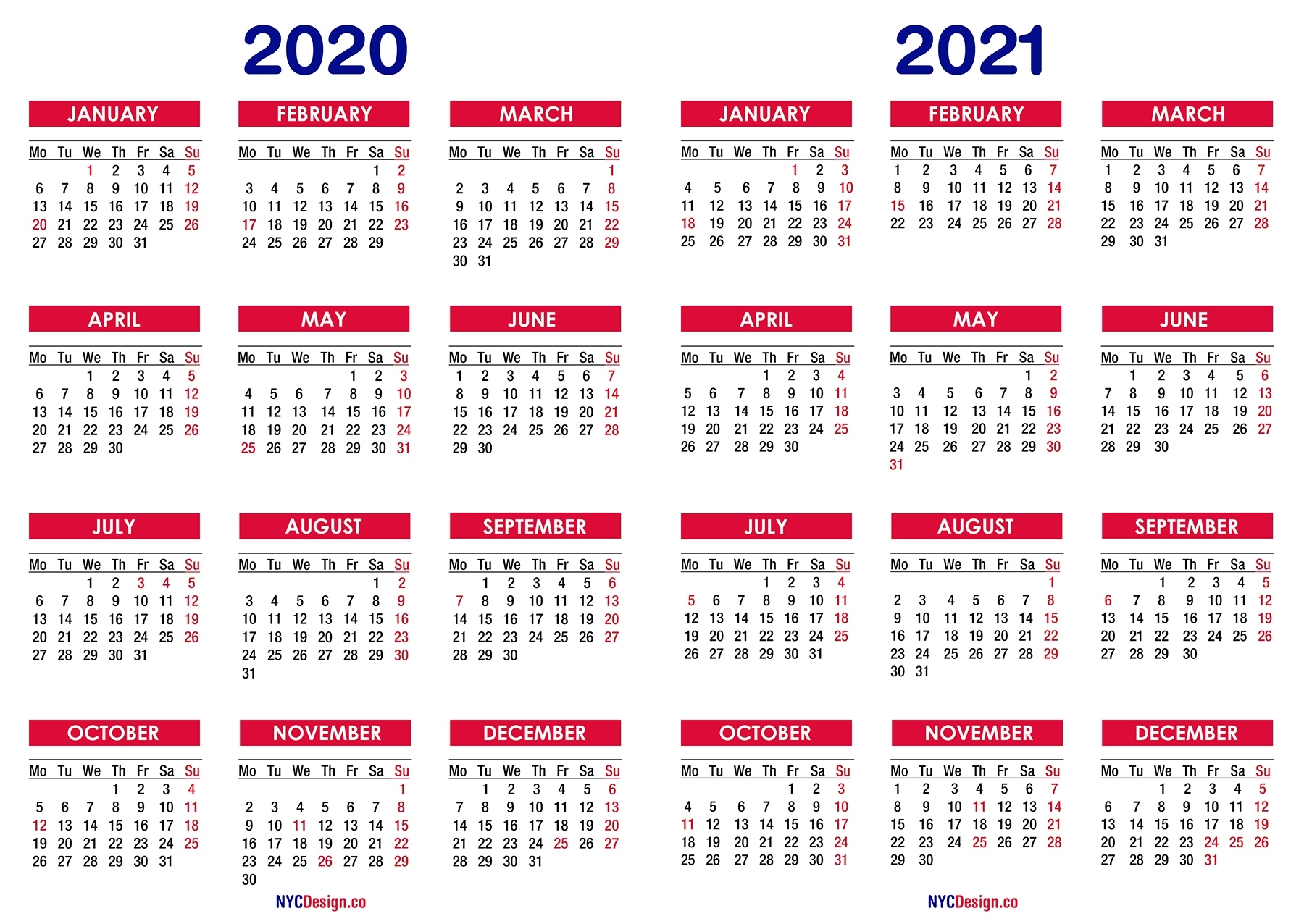 2020 – 2021 Two Year Calendar With Holidays, Printable Free Calendar 2020 Printable With Color And Holidays Usa