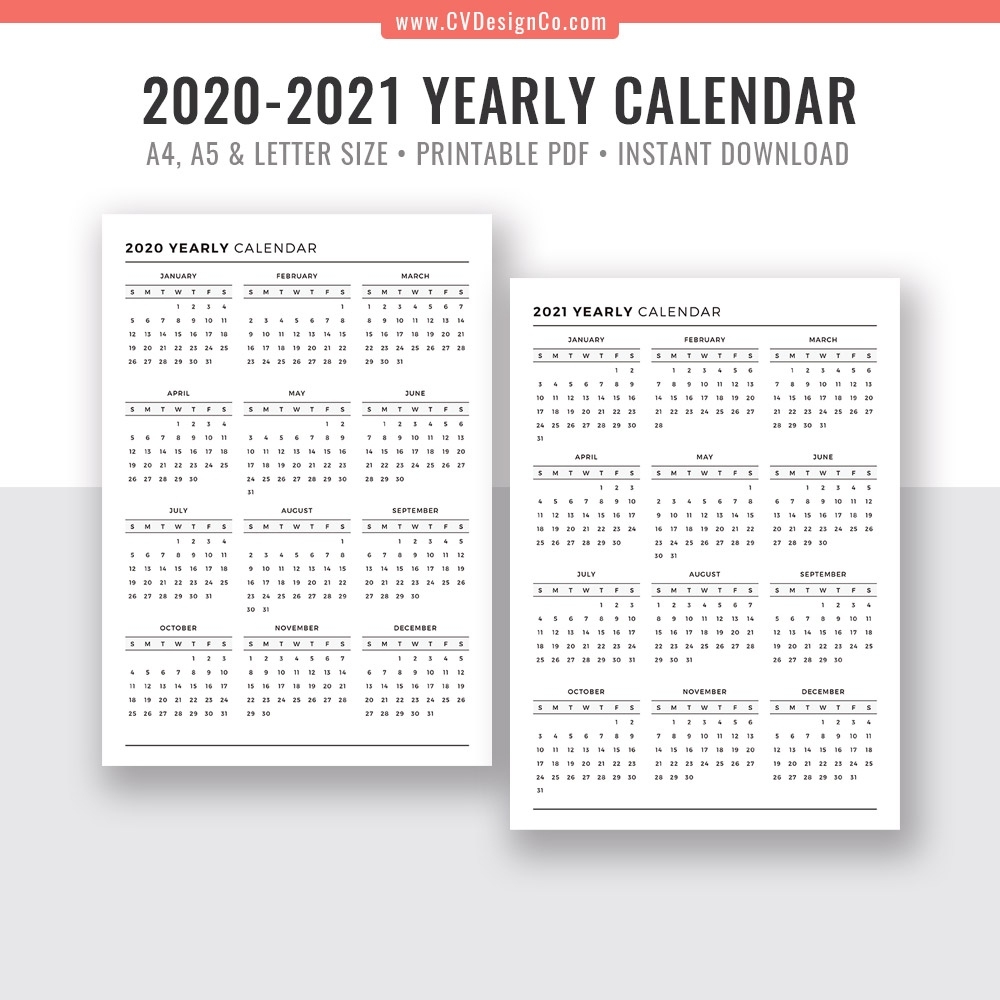 2020-2021 Yearly Calendar, Year At A Glance, Digital Printable Planner  Inserts, Sunday Start, Black &amp; White, Printable Planner, Filofax A5, A4,  Letter Dashing At A Glance 2020 Calendar