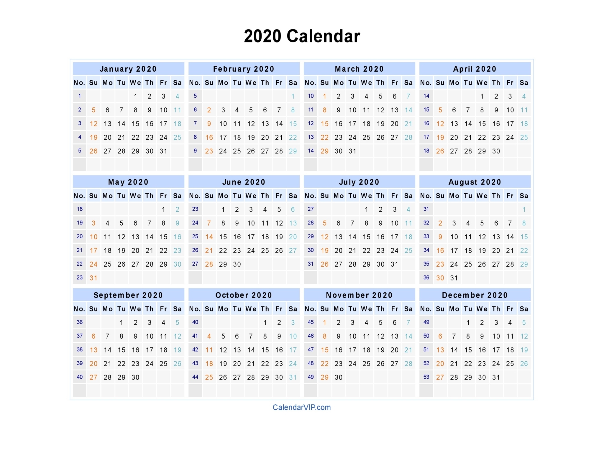 2020 Calendar - Blank Printable Calendar Template In Pdf Printable 2020 Calendar With Week Numbers