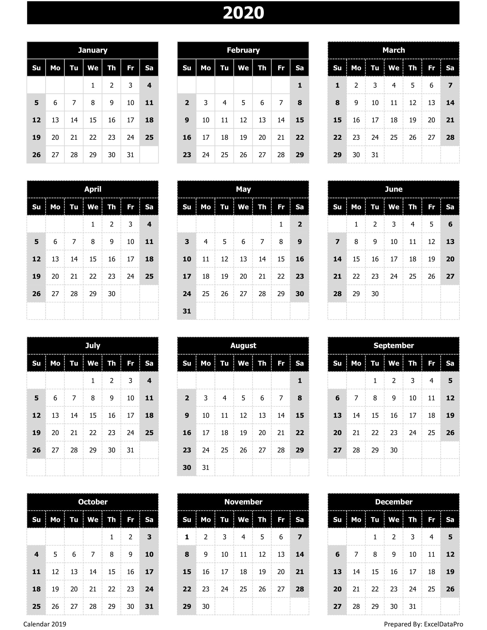 2020 Calendar Excel Templates, Printable Pdfs &amp; Images 2020 Black And White Printable Calendars