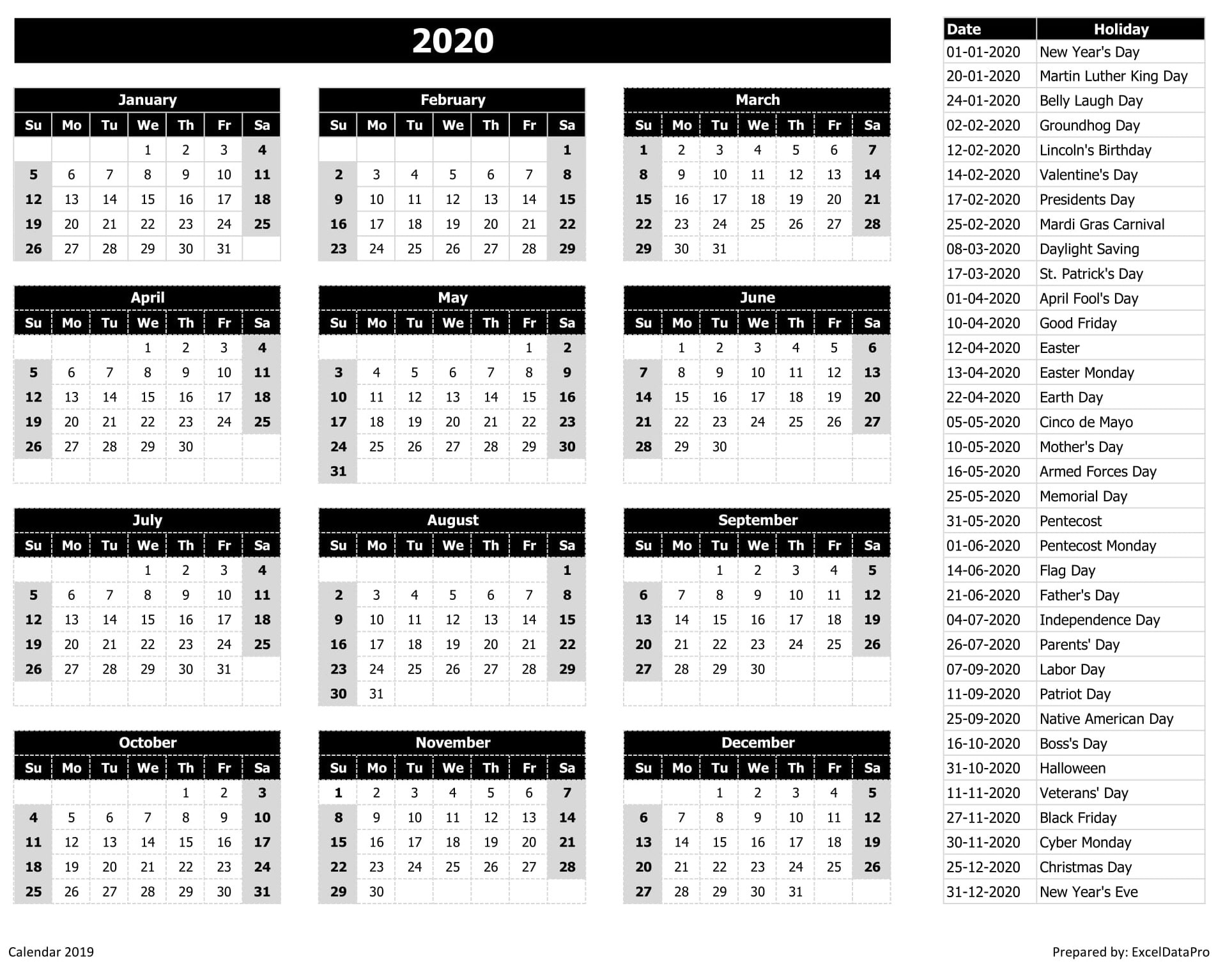 2020 Calendar Excel Templates, Printable Pdfs &amp; Images 2020 Federal Leave Calendar