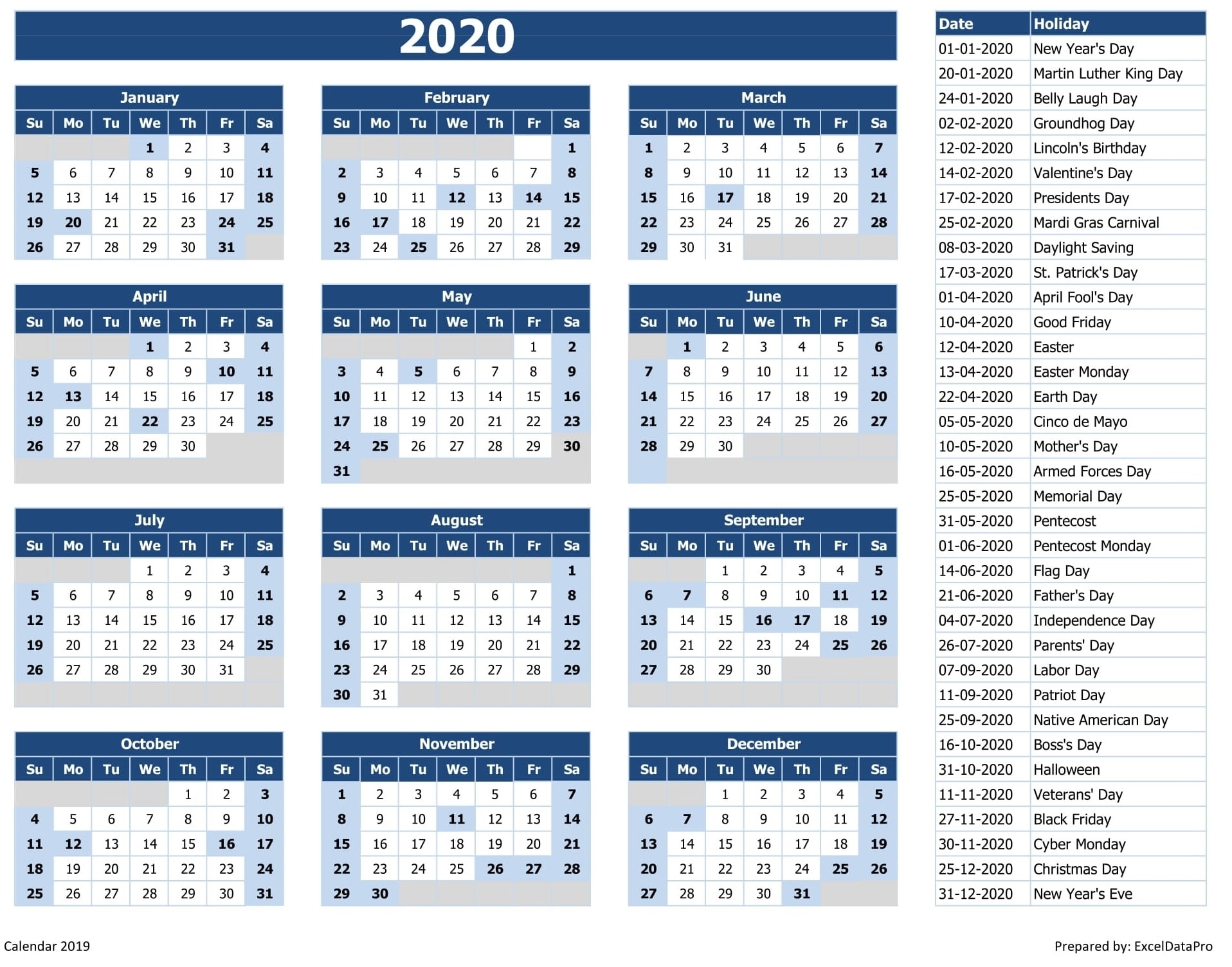 2020 Calendar Excel Templates, Printable Pdfs &amp; Images 2020 List Of Holidays Printable