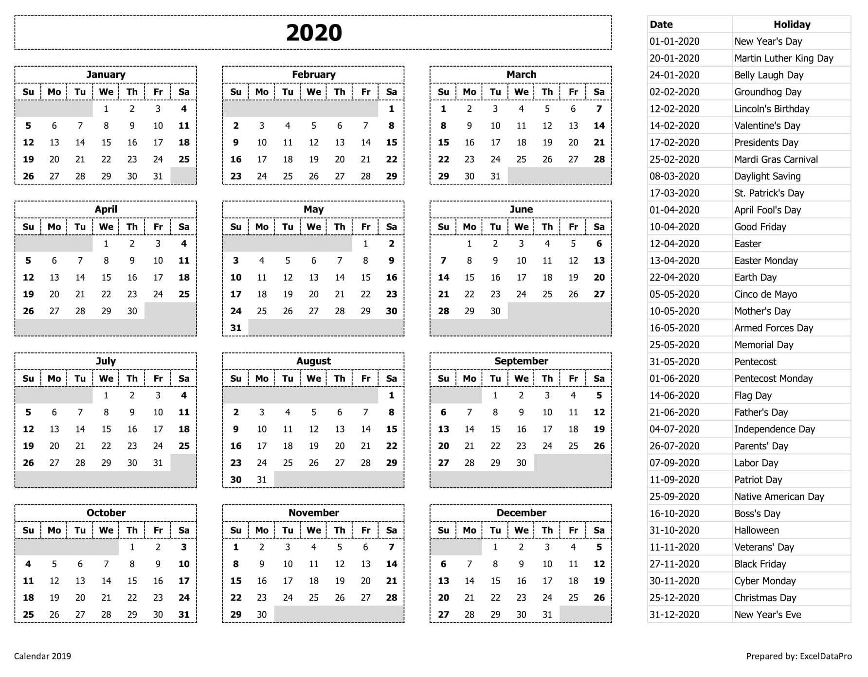 2020 Calendar Excel Templates, Printable Pdfs &amp; Images Exceptional 2020 List Of Holidays Printable