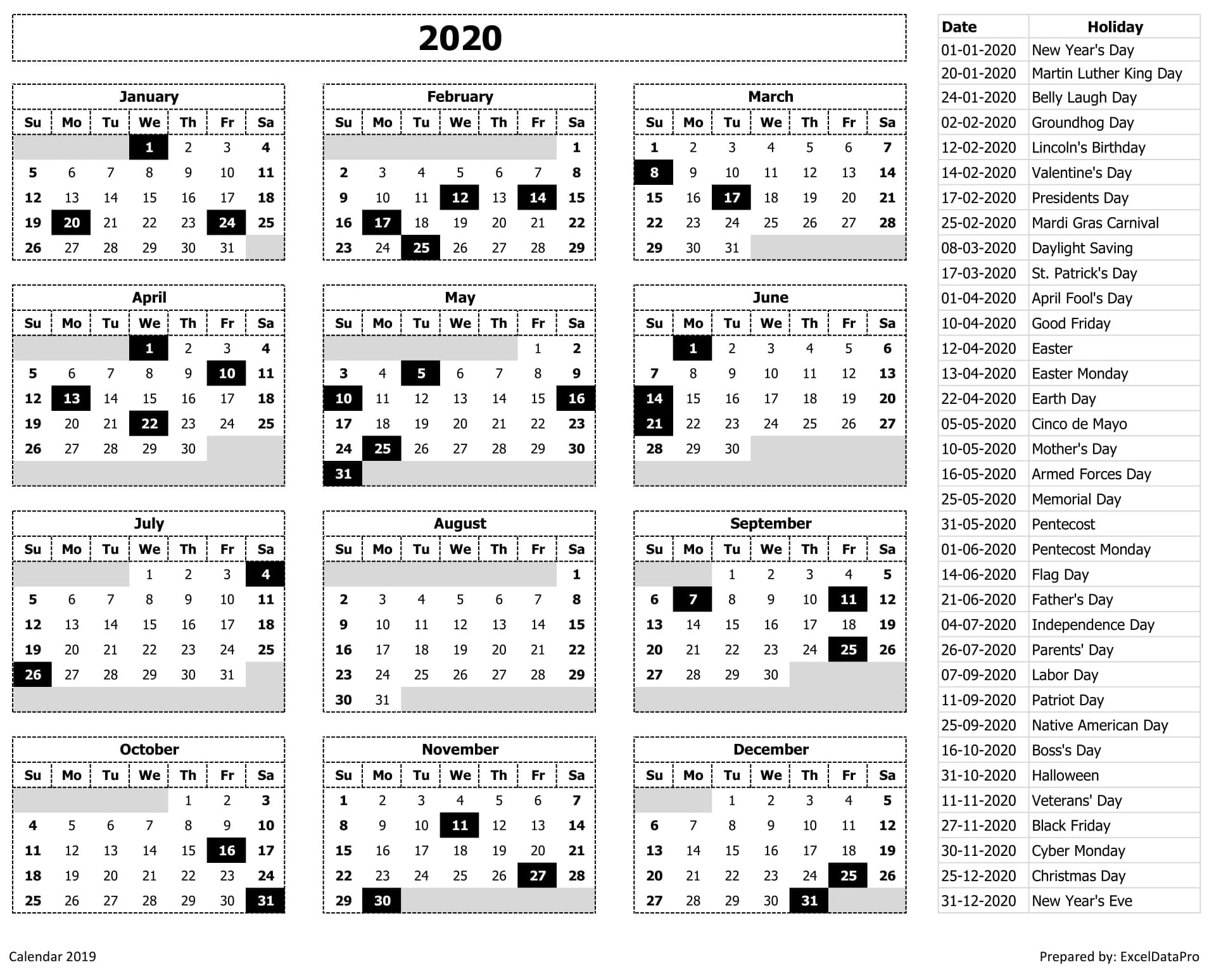 2020 Calendar Excel Templates, Printable Pdfs &amp; Images Printable List Of 2020 Holidays List