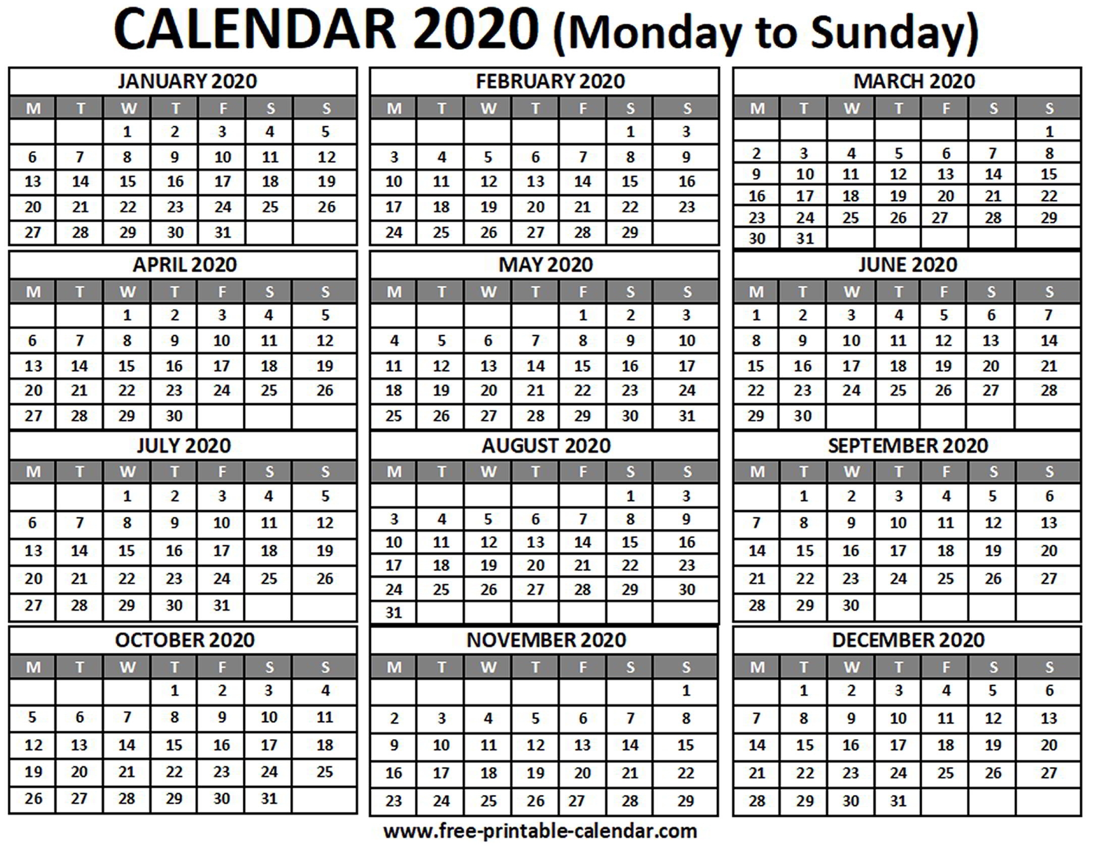 2020 Calendar - Free-Printable-Calendar Free Printable Calendar Monday Start