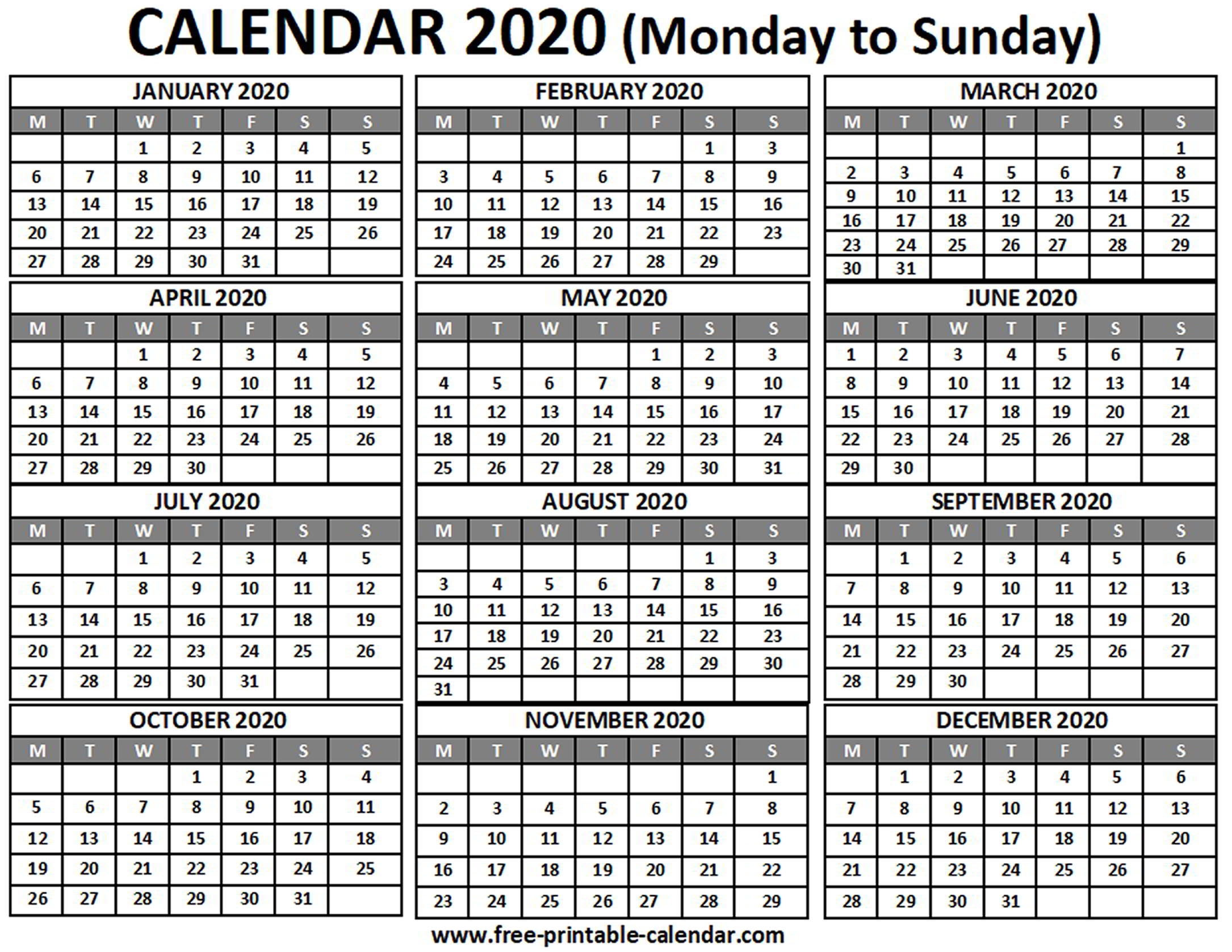 2020 Calendar - Free-Printable-Calendar Free Yearly Calendar Start On Monday