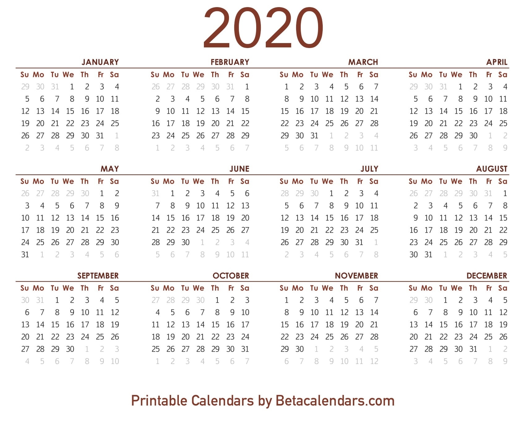 2020 Calendar - Free Printable Yearly Calendar 2020 Calendar 2020 Only Printable Yearly