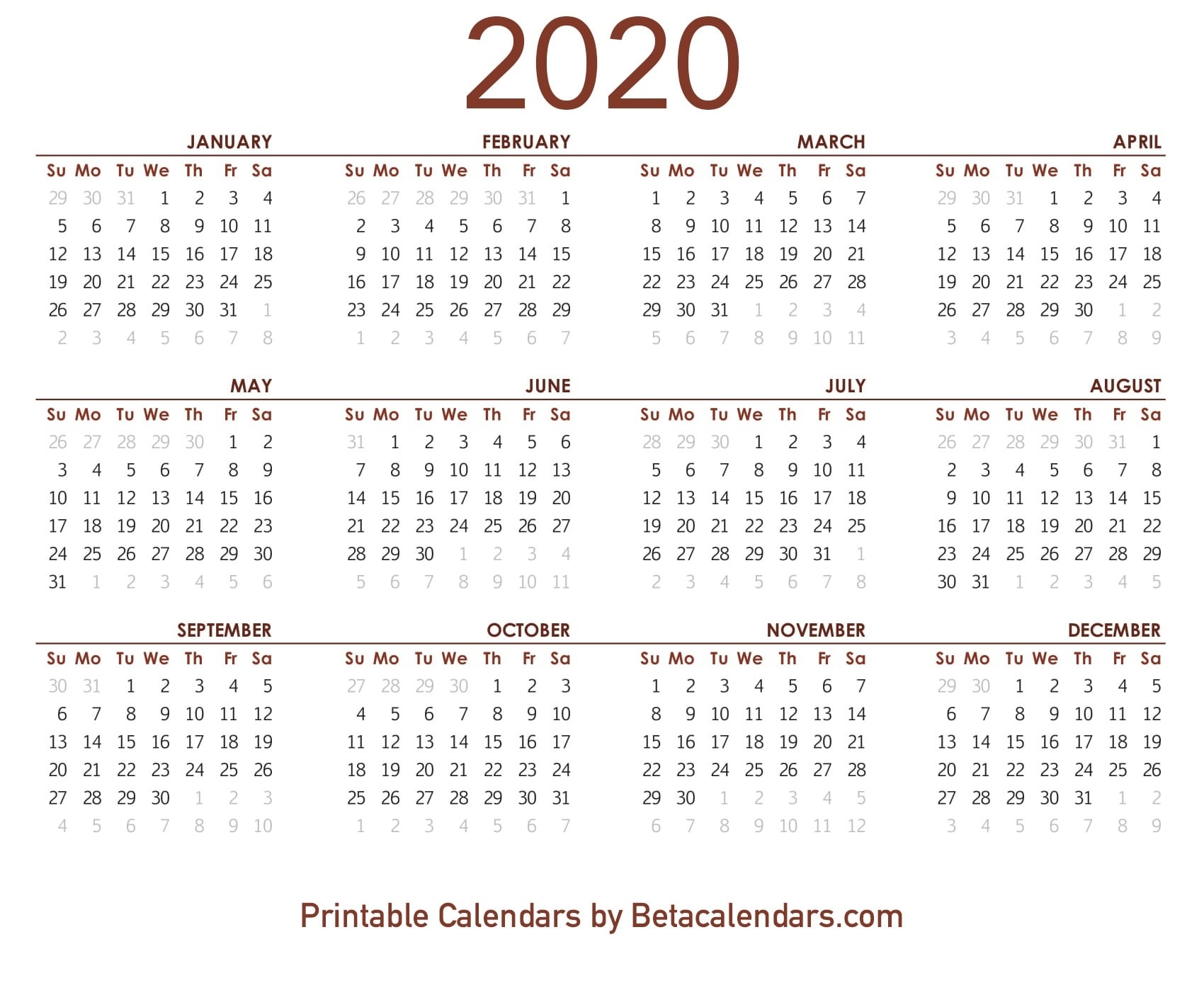 2020 Calendar - Free Printable Yearly Calendar 2020 Year Calendar 2020 Printable