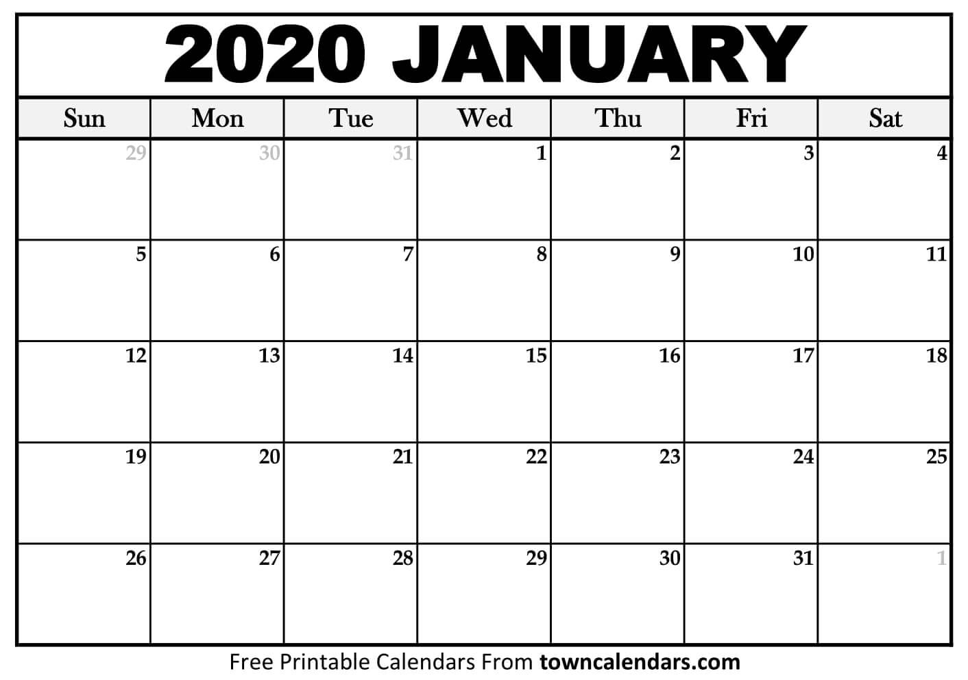 2020 Calendar Printable - Towncalendars Blank January 2020 Calendar Printable Free