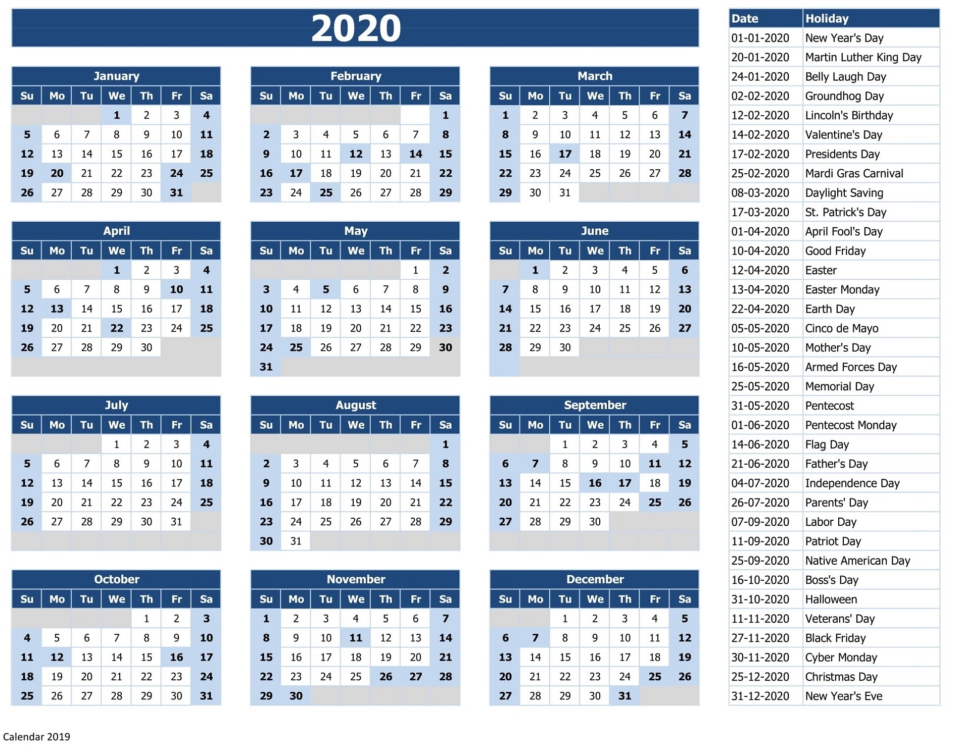 2020 Calendar Printable With Holidays And Notes | Calendar Dashing Calendar Showing Holidays For 2020