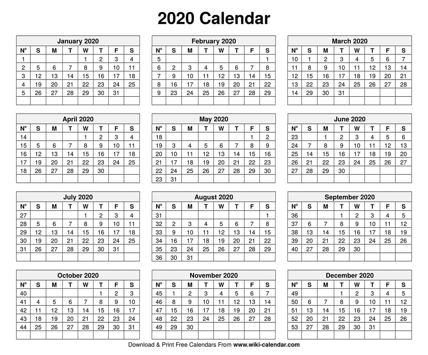 2020 Calendar Printable With Numbered Days | Monthly 2020 Calendar With Days Numbered