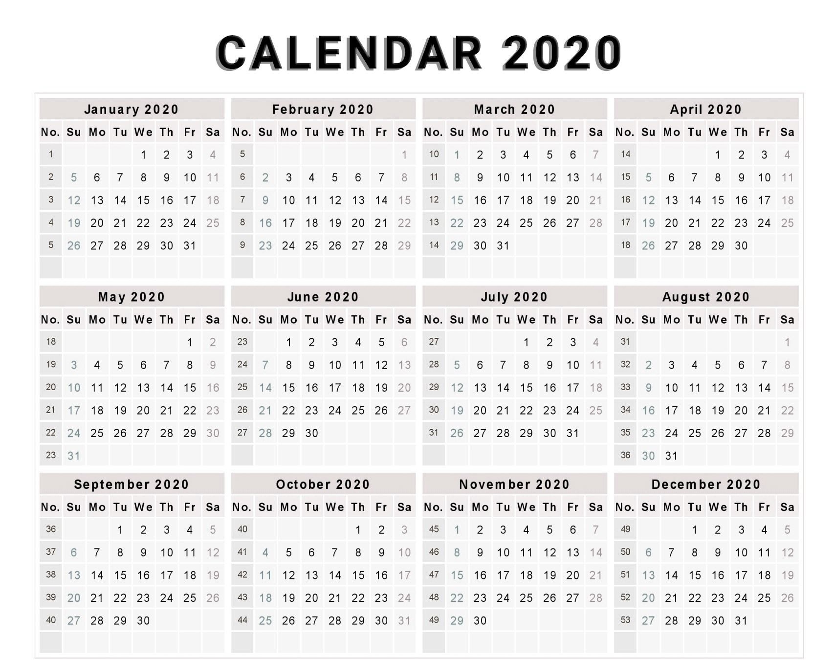 2020 Calendar Printable With Numbered Days | Monthly Remarkable Calendar With Days Numbered 2020