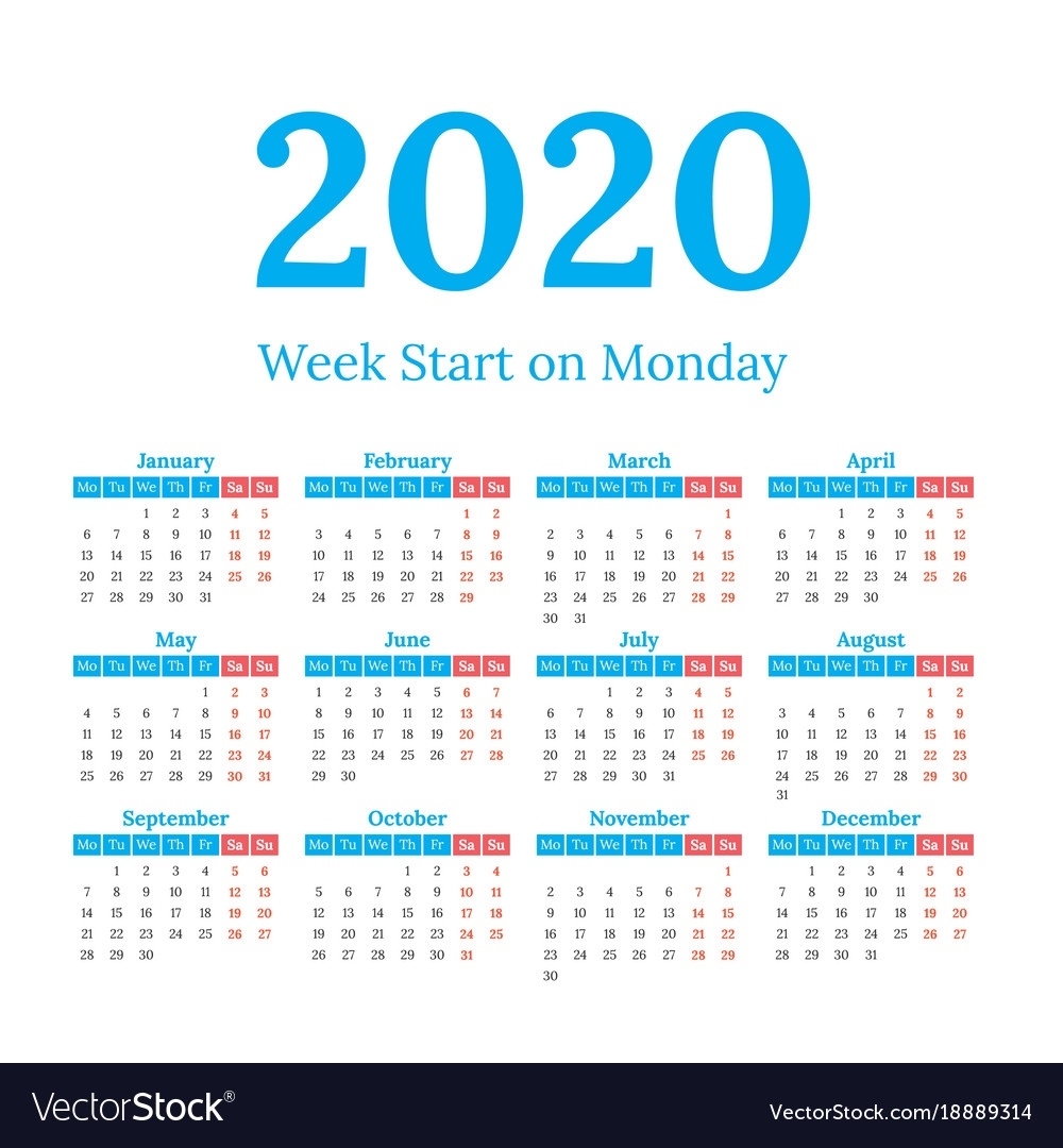 2020 Calendar Start On Monday Impressive 2020 Calendar Free Vector