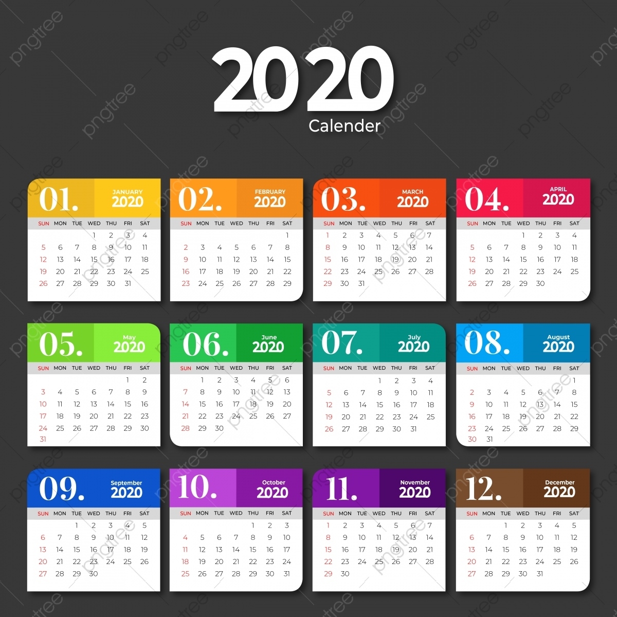 2020 Calendar Template Design With Solid Colors, 2020 Impressive Calendar Template 2020 Illustrator Template