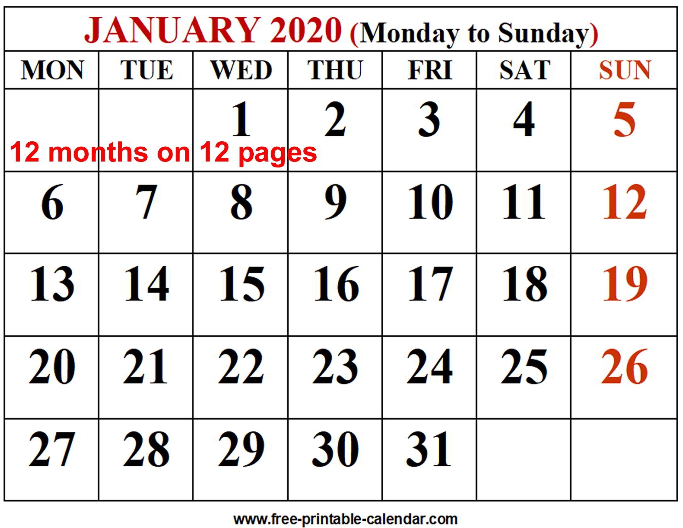 2020 Calendar Template - Free-Printable-Calendar 12 Month View Calendar Printable