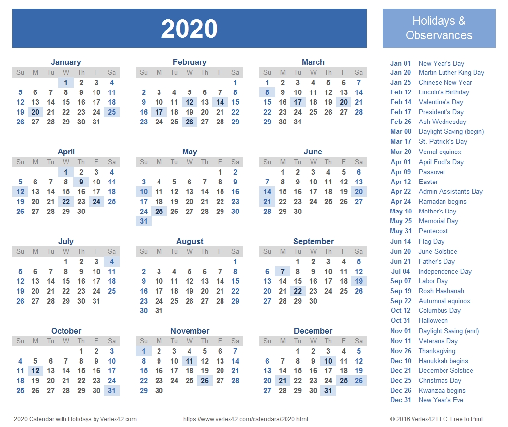 2020 Calendar Templates And Images 2020 Calendar Printable With Holidays