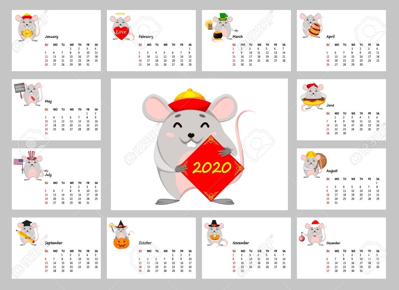 2020 Calendar With Funny Rats. Happy Chinese New Year Of Rat Chinese New Year 2020 Lunar Calendar Printable