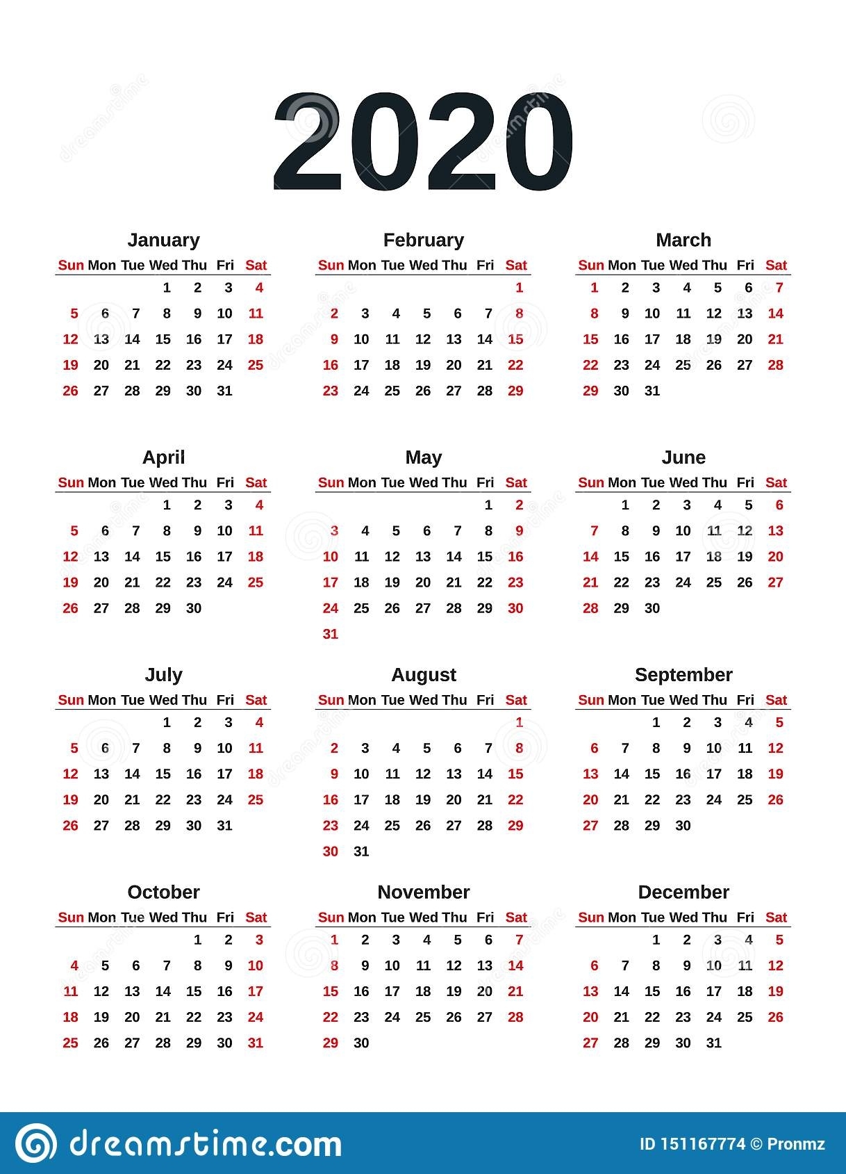 2020 Calendar Year. Vector Illustration. Template Planner 2020 Calendar By Week