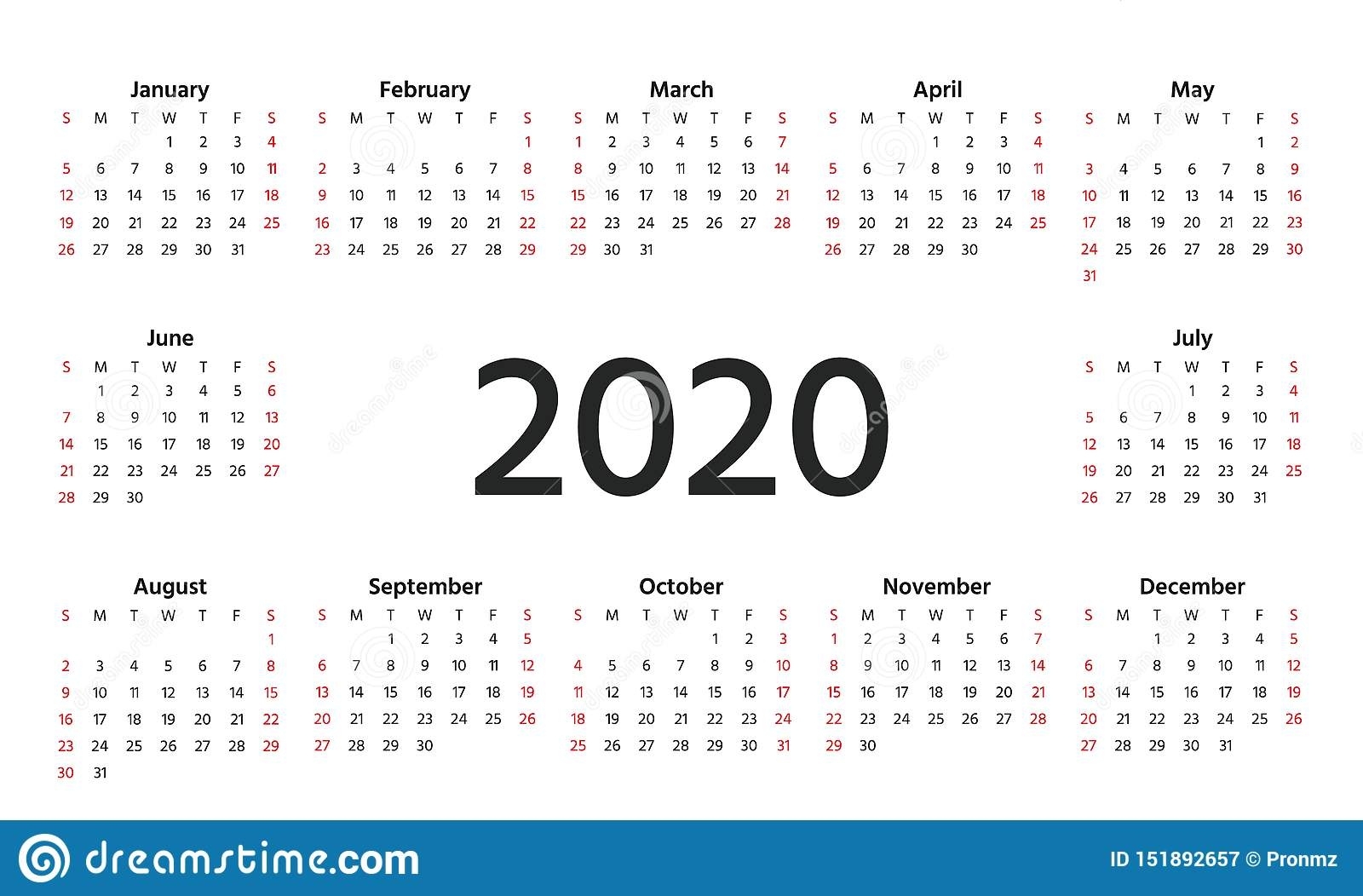 2020 Calendar Year. Vector Illustration. Template Planner 2020 Calendar Free Vector