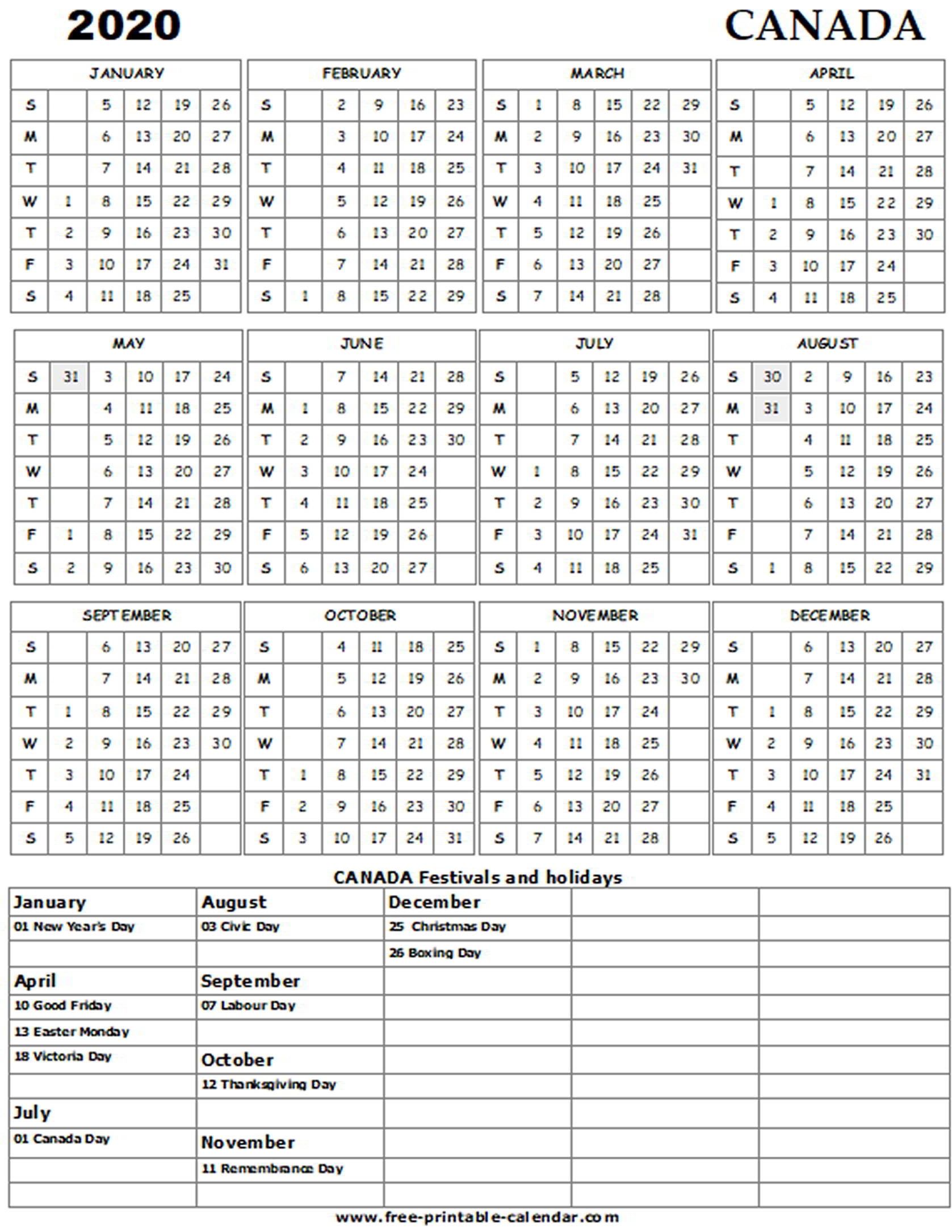 2020 Canada Holiday Calendar - Free-Printable-Calendar 2020 Calendar Canada Printable