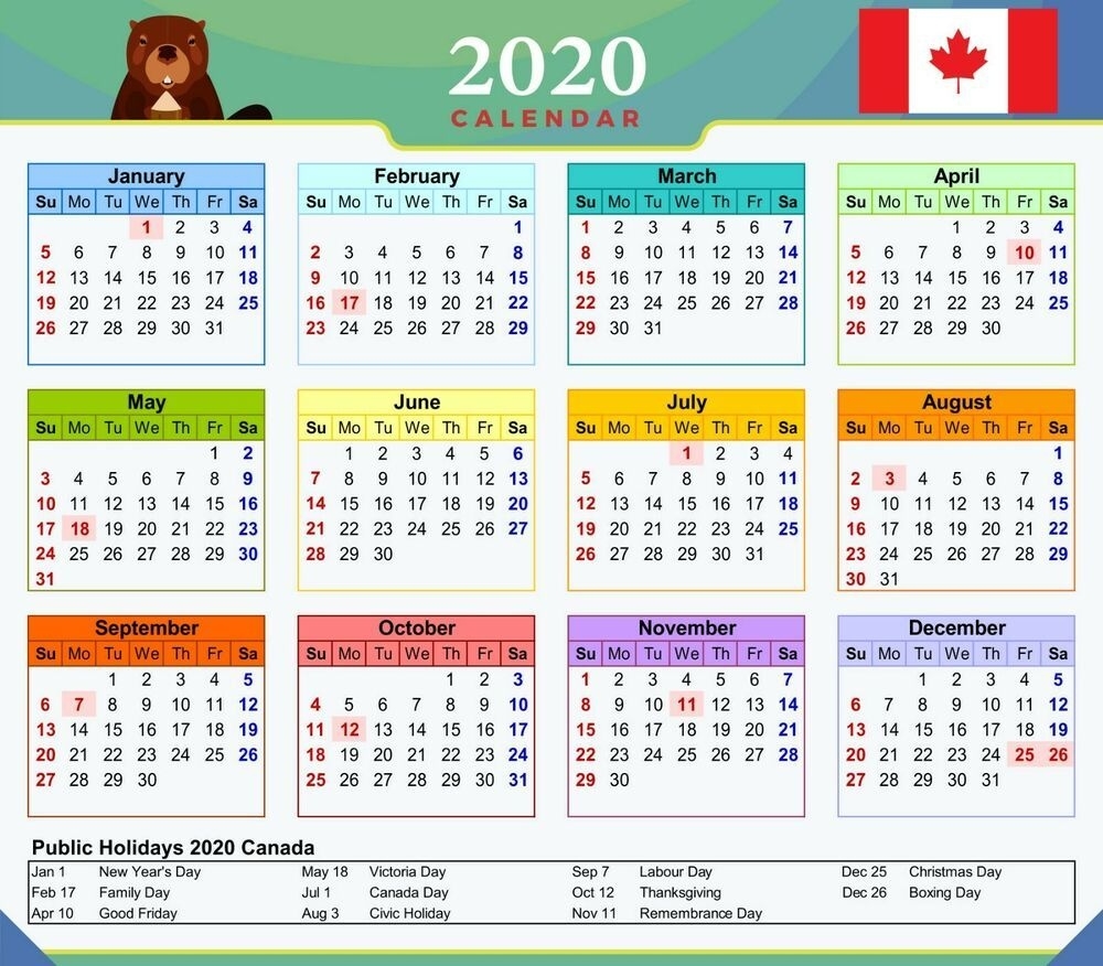 2020 Magnetic Calendar Canada With Public Holidays 2020 Calendar Canada Printable With Holidays