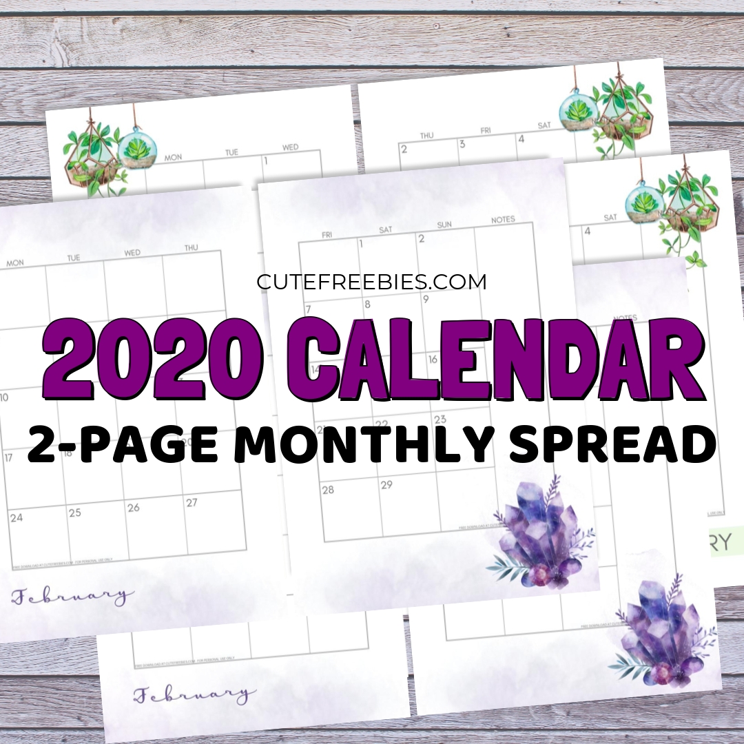 2020 Monthly Calendar Two Page Spread – Free Printable Free Printable 2 Page Calendar 2020