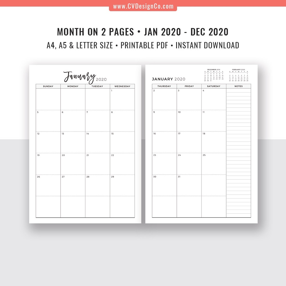 2020 Monthly Planner, 12 Month Calendar, Monthly Organizer, Month On 2  Pages, Printable Planner Inserts, Best Planner Template, Filofax A5, A4,  Letter Extraordinary 2 Page Blank Monthly Calendar Printable