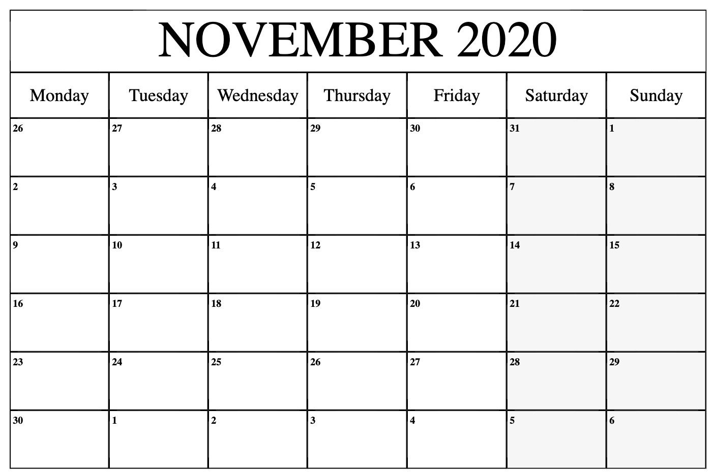 2020 November Calendar | Printable Calendar Template 2020 Calendar Blank Starting Monday