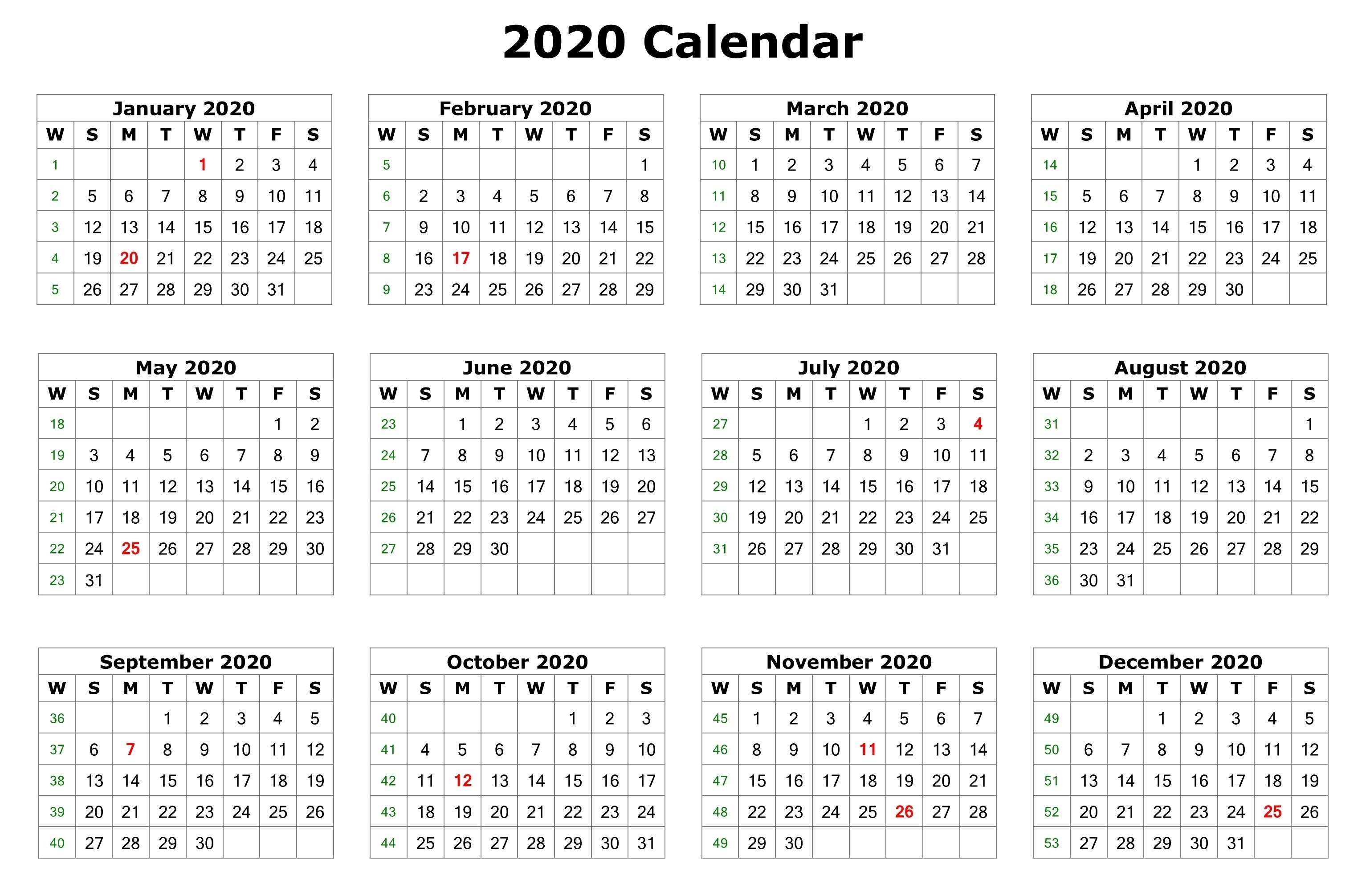 2020 One Page Calendar Printable | Calendar 2020 2020 Calendar One Page