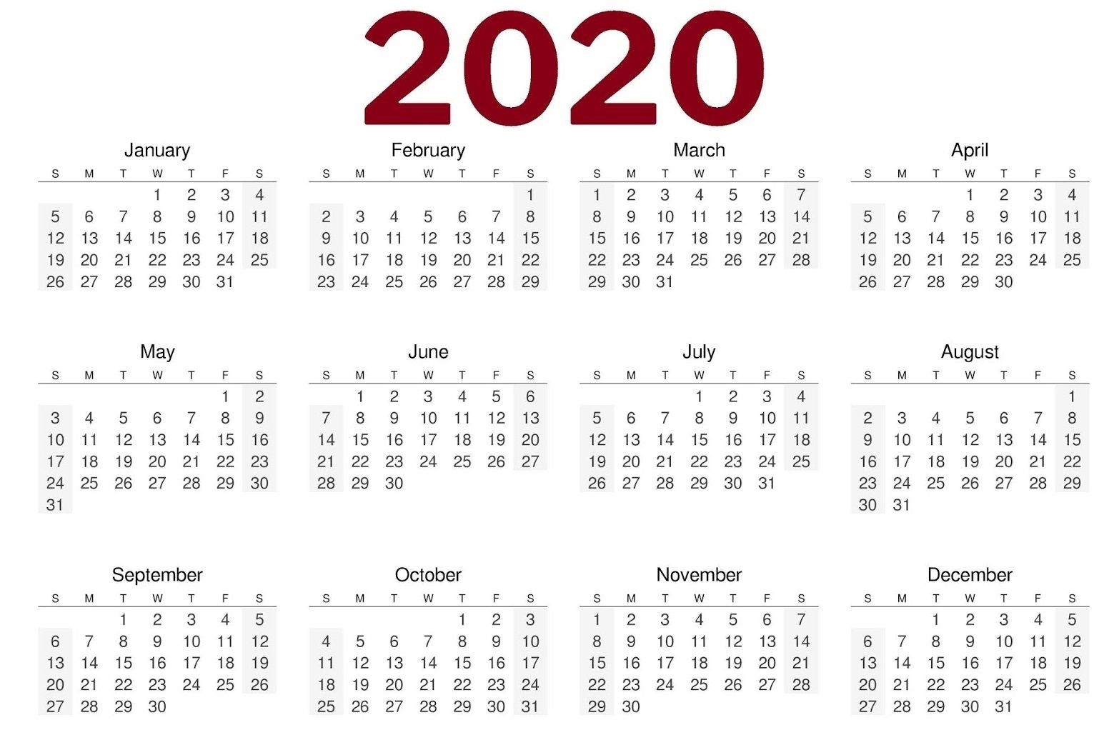 2020 One Page Landscape Calendar | Free Calendar Template 2020 Calendar One Page