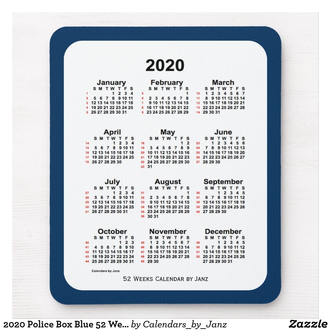 2020 Police Box Blue 52 Week Calendar By Janz Mouse Pad Incredible 2020 Calendar With Date Boxes And Holidays