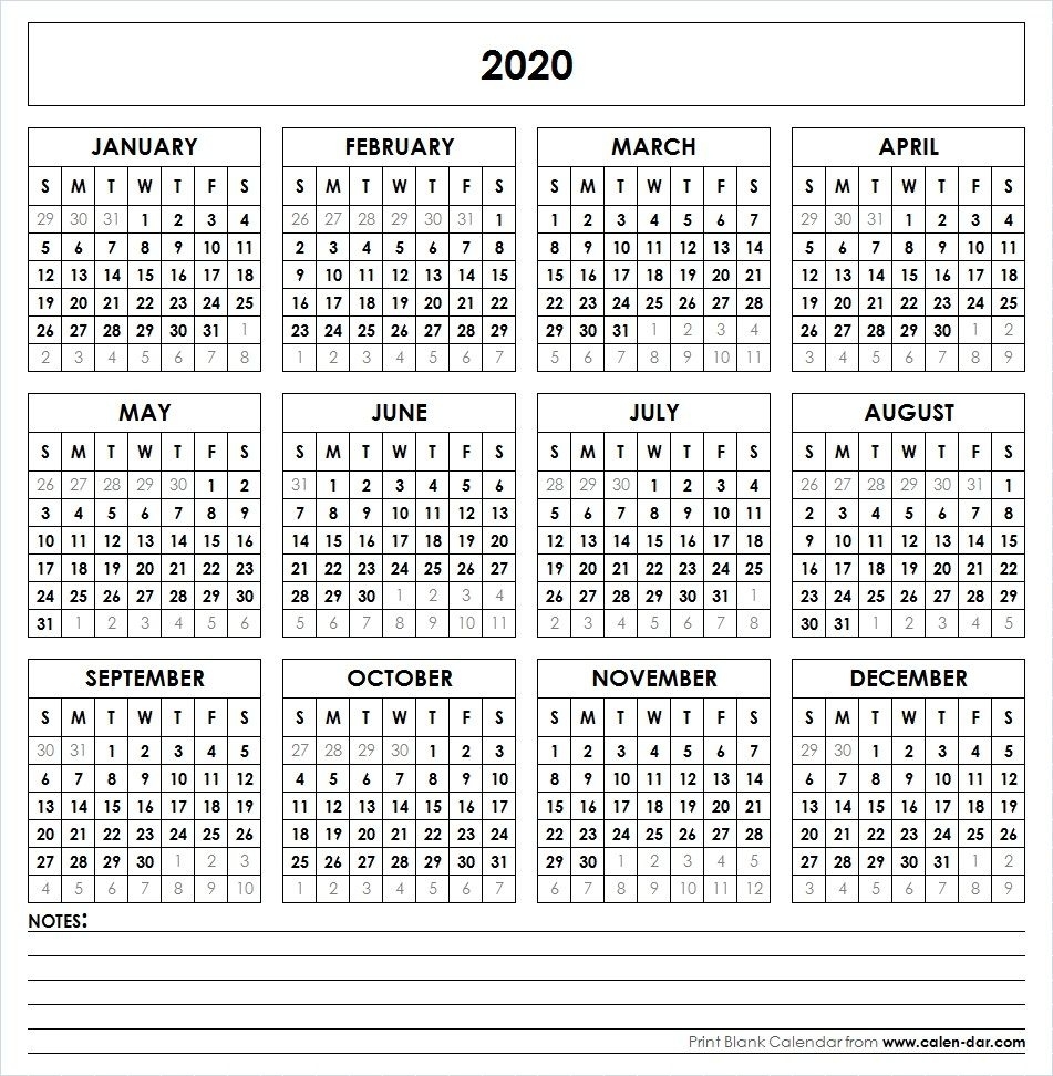 2020 Printable Calendar | Printable Yearly Calendar, Yearly Free 2020 Calendar With Note 12 Pages
