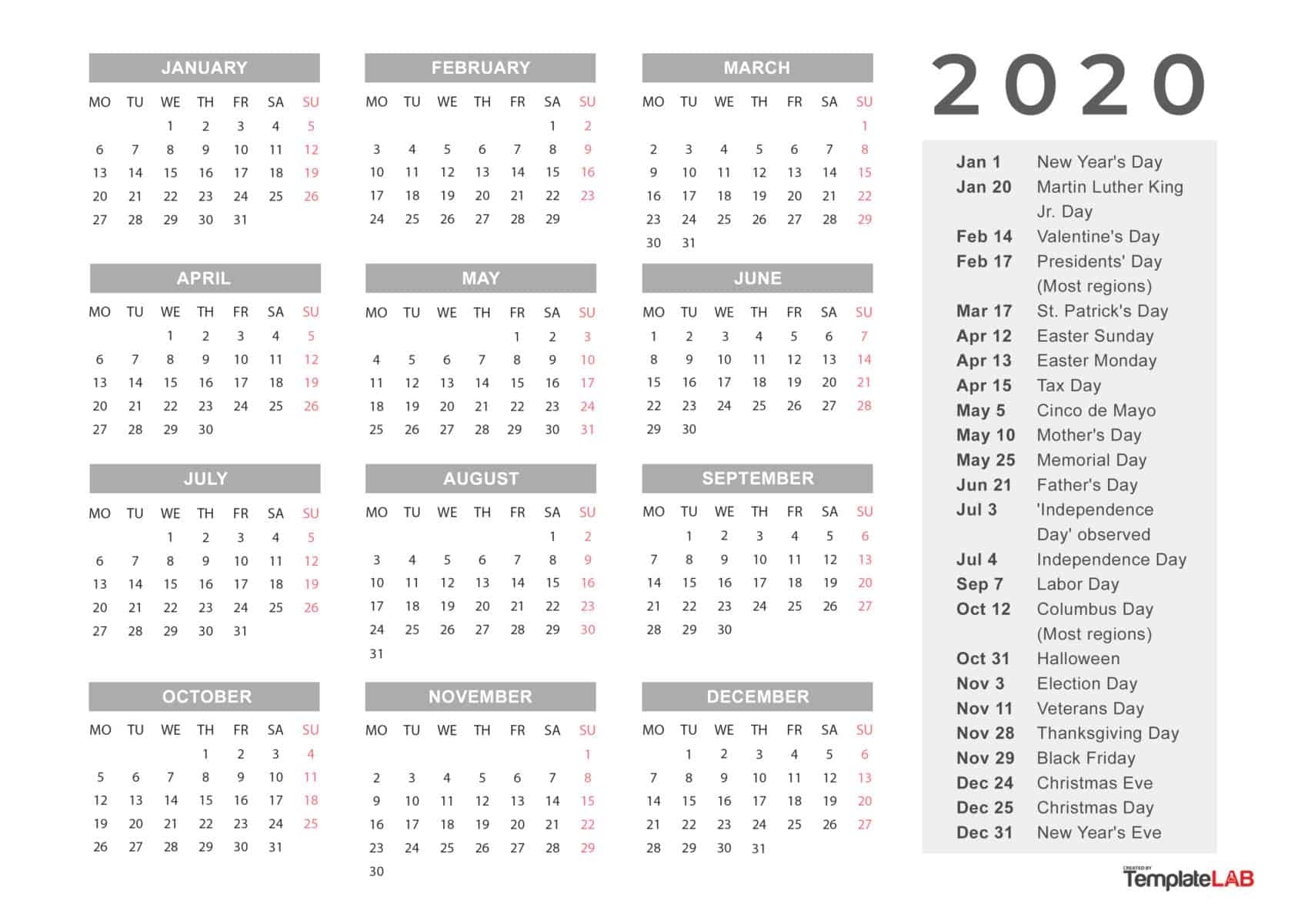 2020 Printable Calendars [Monthly, With Holidays, Yearly] ᐅ 2020 Calendar Template Calendarlabs.com