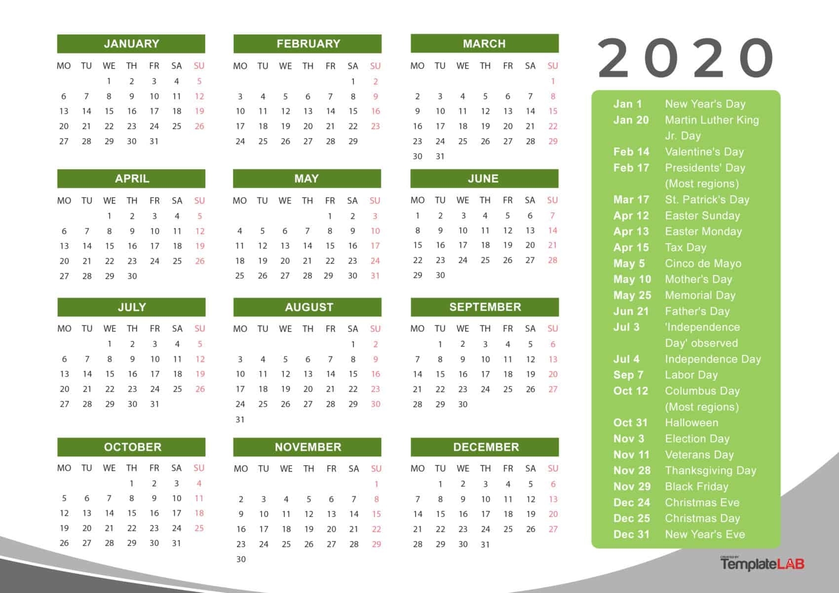 2020 Printable Calendars [Monthly, With Holidays, Yearly] ᐅ Remarkable 2020 Calendar Template Calendarlabs.com