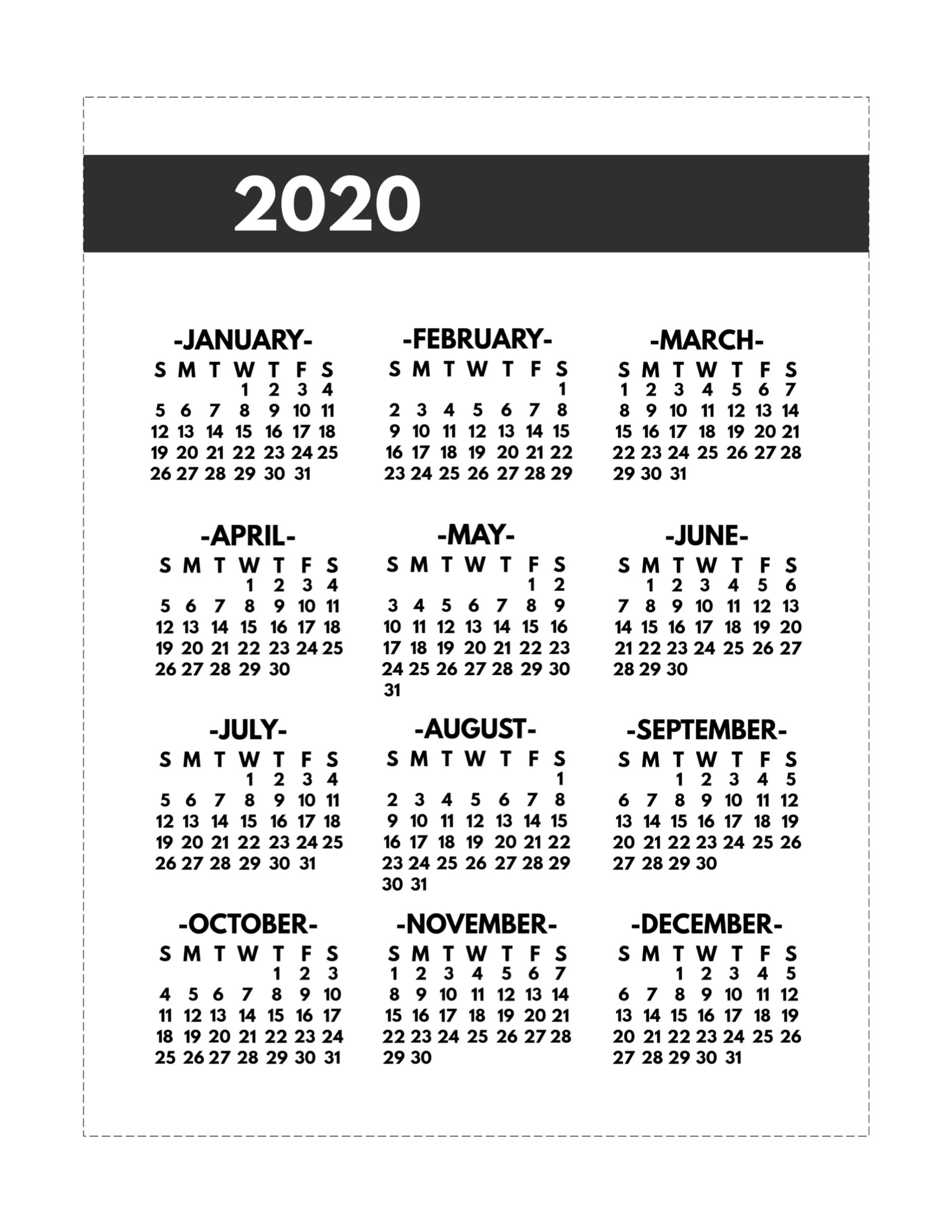 2020 Printable One Page Year At A Glance Calendar - Paper 8.5 By 14 Printable Calendars