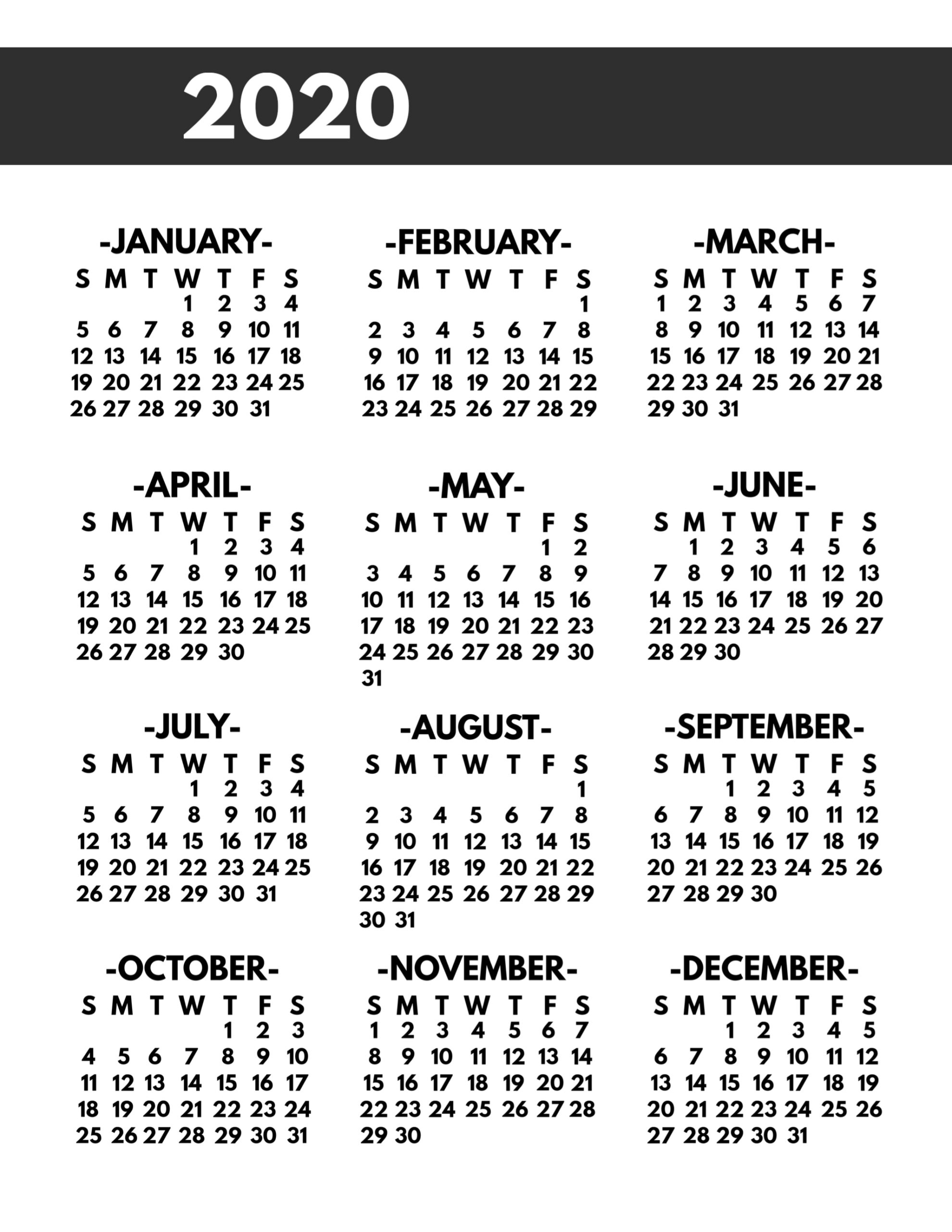 2020 Printable One Page Year At A Glance Calendar - Paper 8.5 X 11 Calendar Print