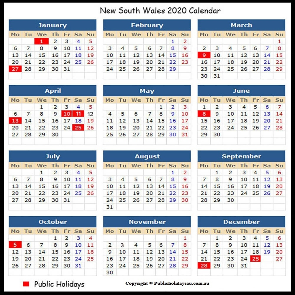 2020 Public Holidays Nsw Impressive 2020 Calendar Nsw Public Holidays