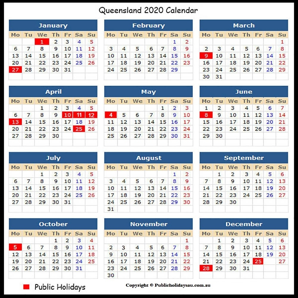 2020 Public Holidays Qld Calendar For Year 2020 Queensland With All Holidays