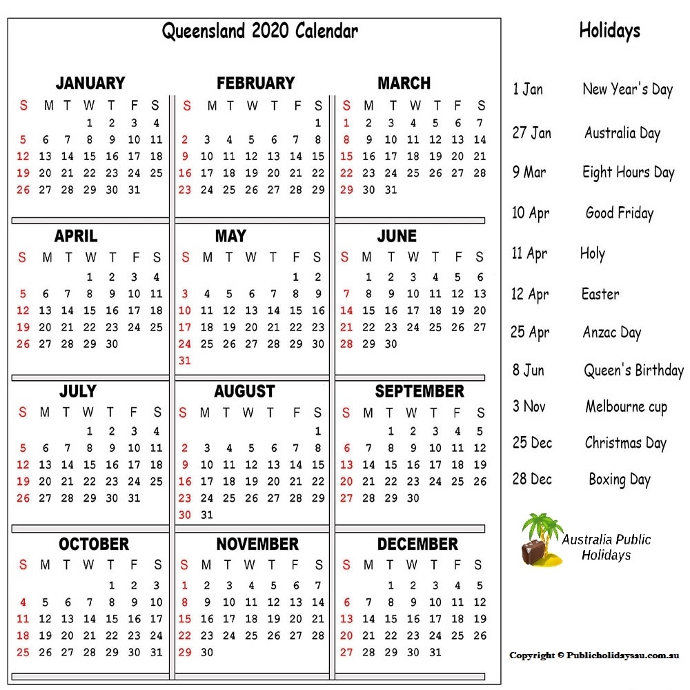 2020 Public Holidays Qld Incredible Calendar For Year 2020 Queensland With All Holidays