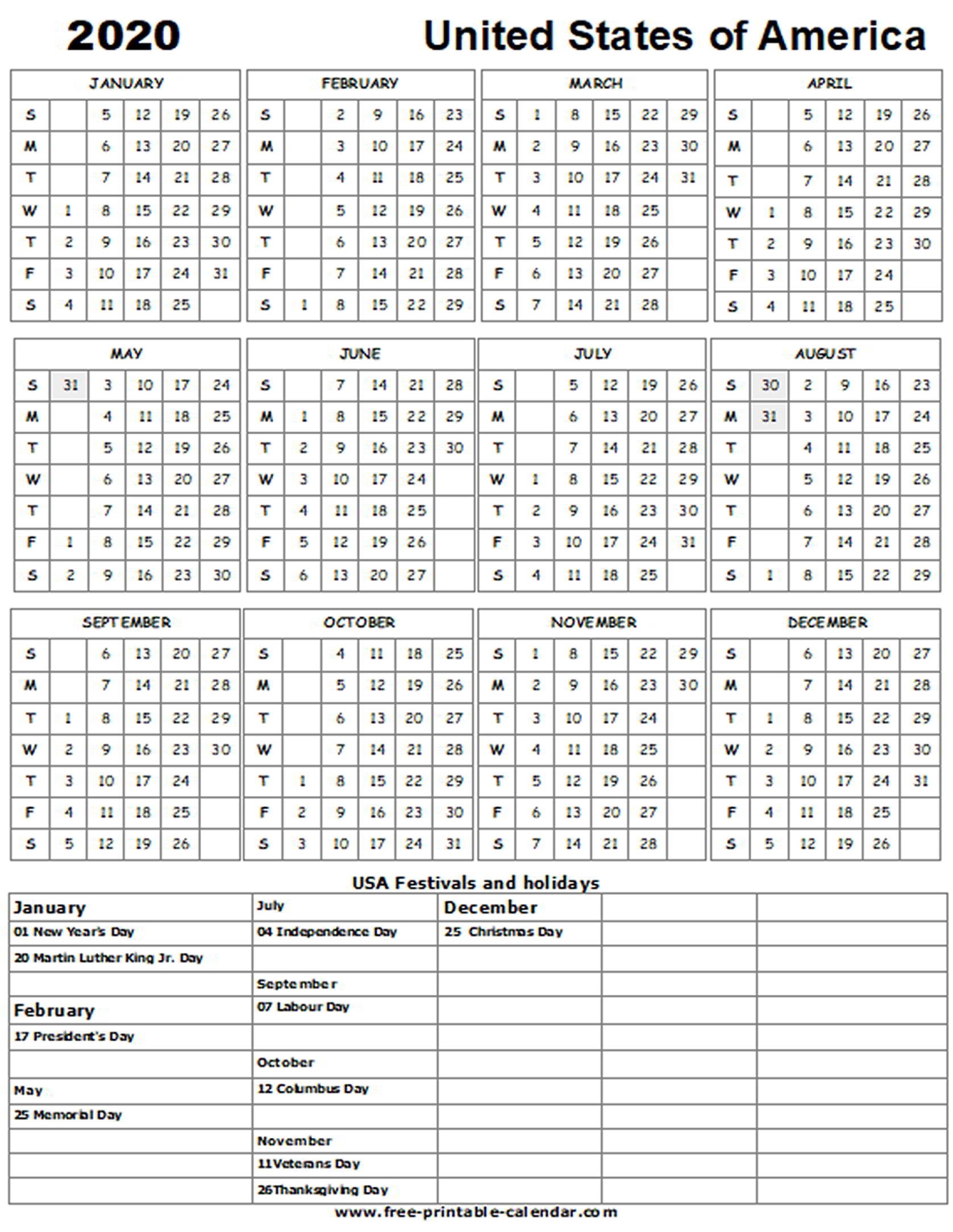 2020 Us Holiday Calendar - Free-Printable-Calendar 2020 Holiday Calendar Printable