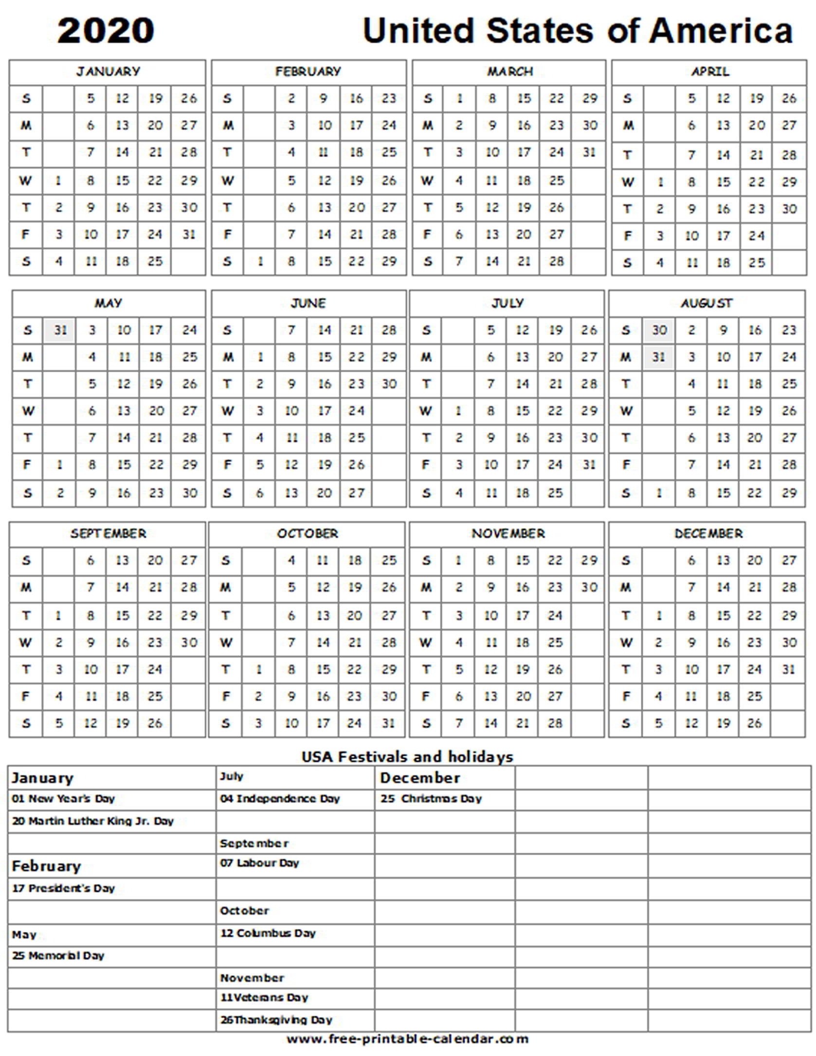 2020 Us Holiday Calendar - Free-Printable-Calendar Free Printable Chrsitmas Calendar 2020