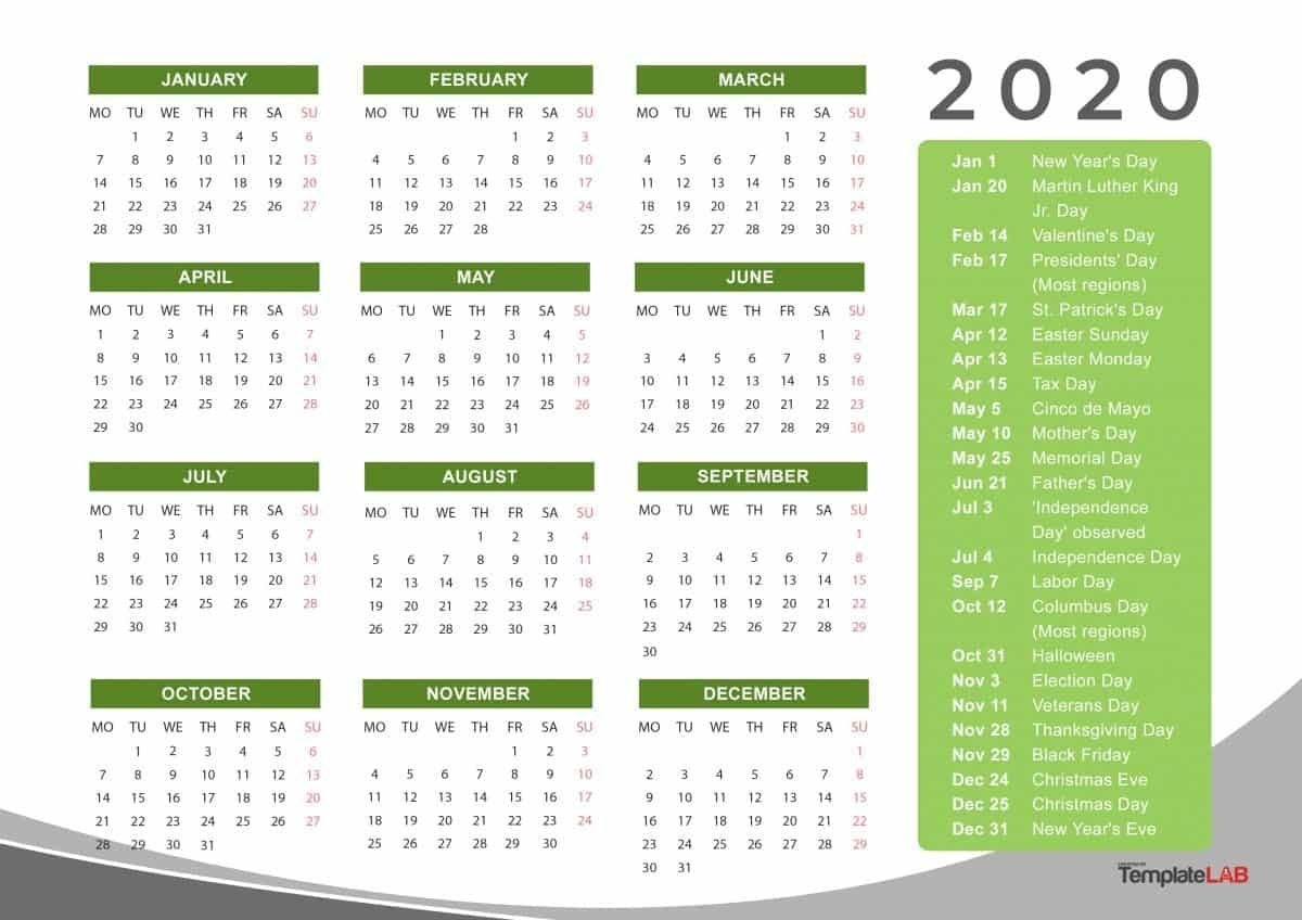 2020 Yearly Holidays Calendar | Printable Calendar Template 2020 Holiday Calendar Printable