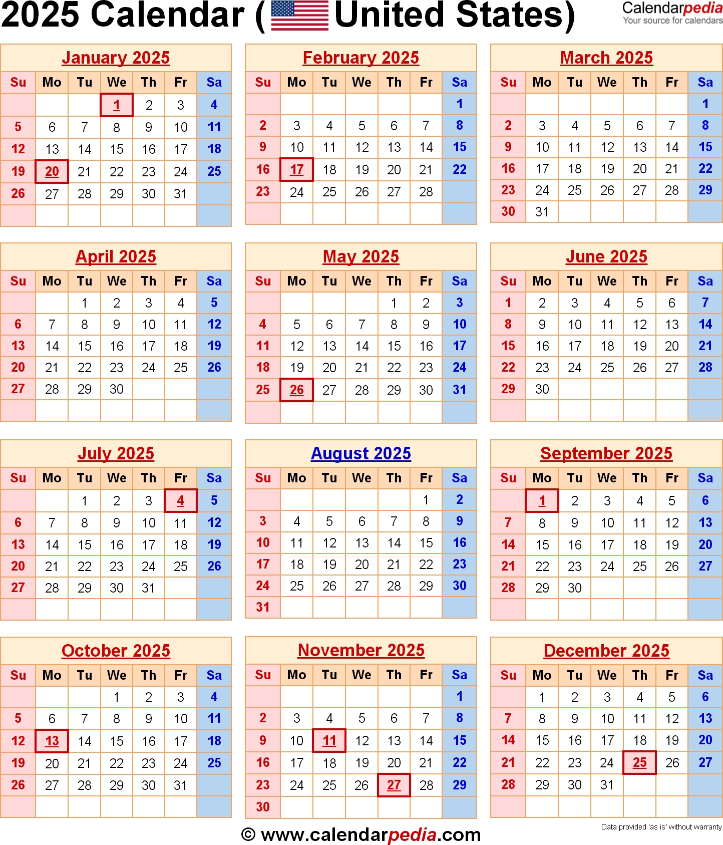 2025 Calendar For The Usa, With Us Federal Holidays Calendar 2020 To 2025