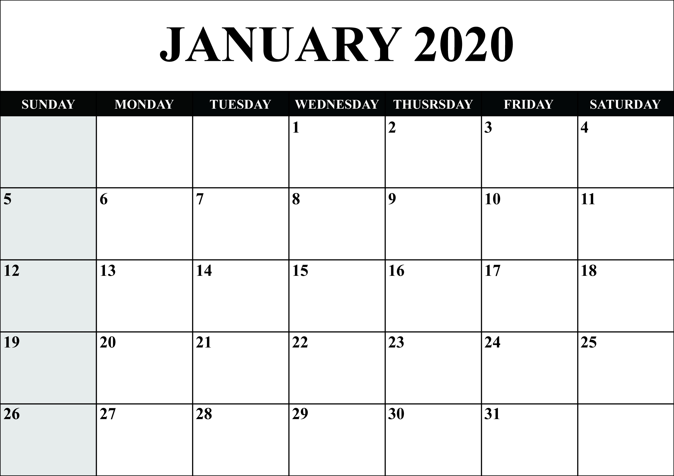 21+Free Blank Calendar January 2020 Printable Fillable 2020 Blank Printable Monthly Template