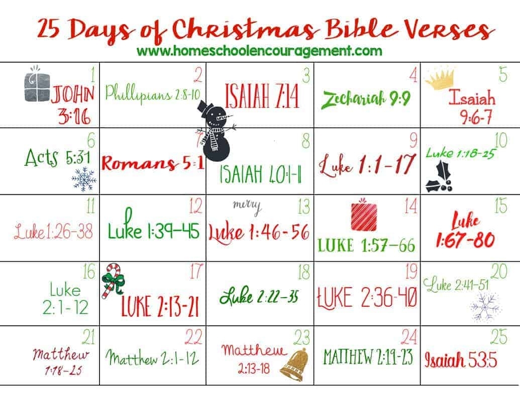 25 Days Of Christmas Bible Verses Printable December Countdown To Christmas Calendar