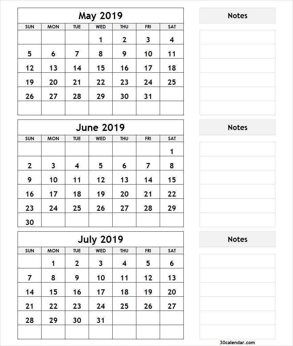 3 Month Calendar May June July 2019 With Notes | 2019 Dashing 3 Month Blank Printable Calendar